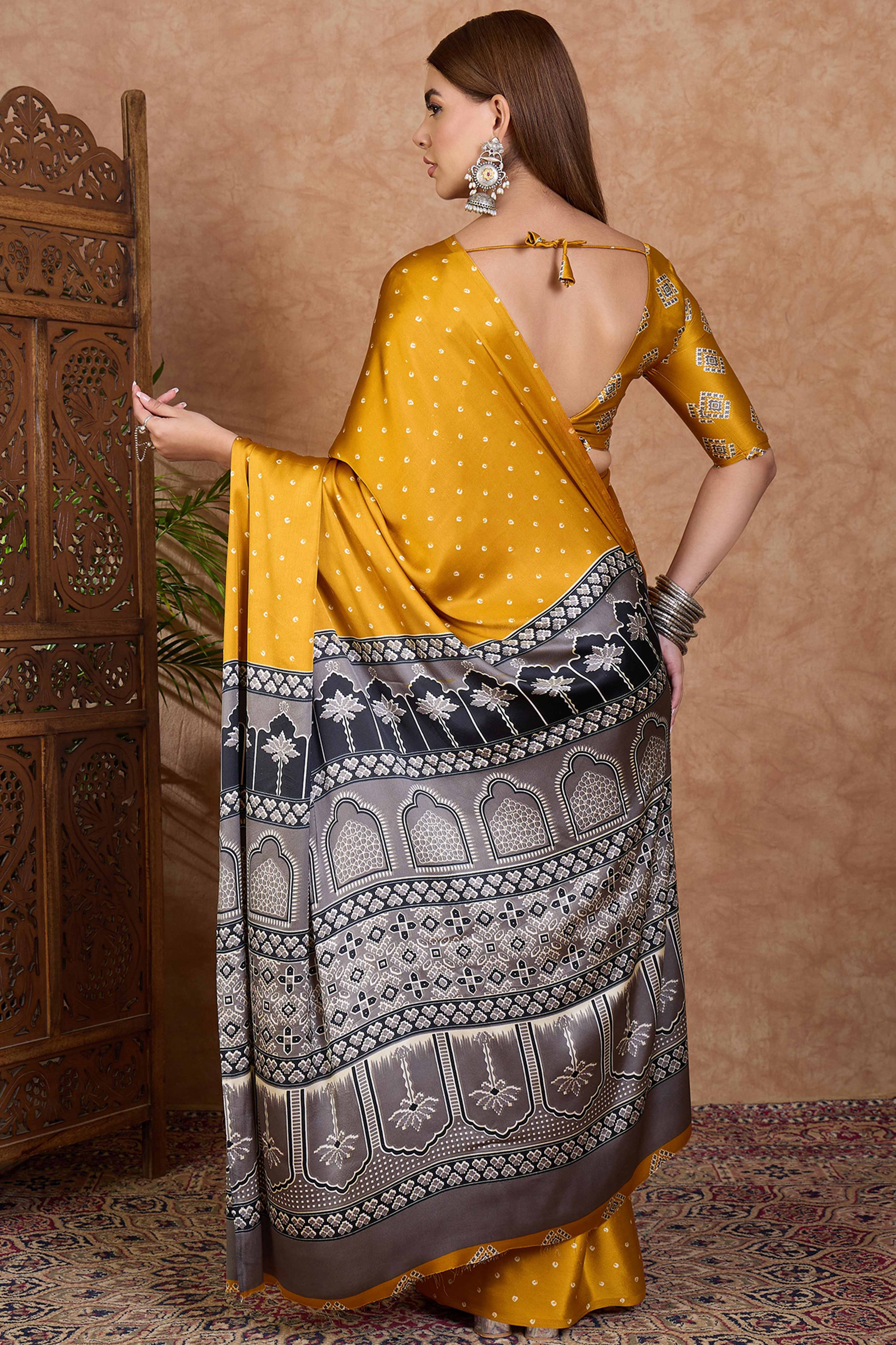 Mustard Polka Dot Modal Satin Saree with Traditional Ajrakh Detailing on Pallu