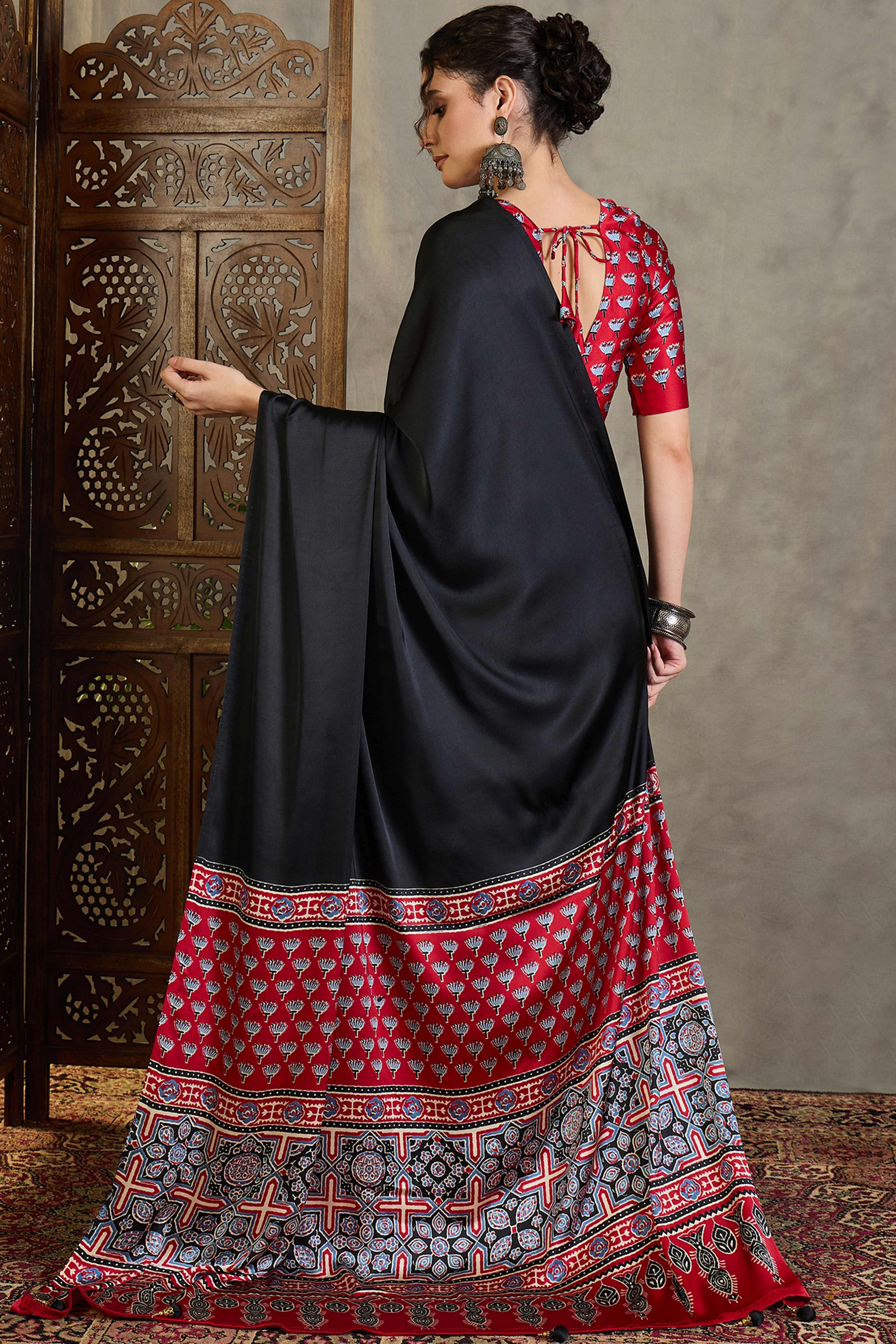 Red Solid Modal Satin Saree Highlighted with Classic Ajrakh Pallu Design