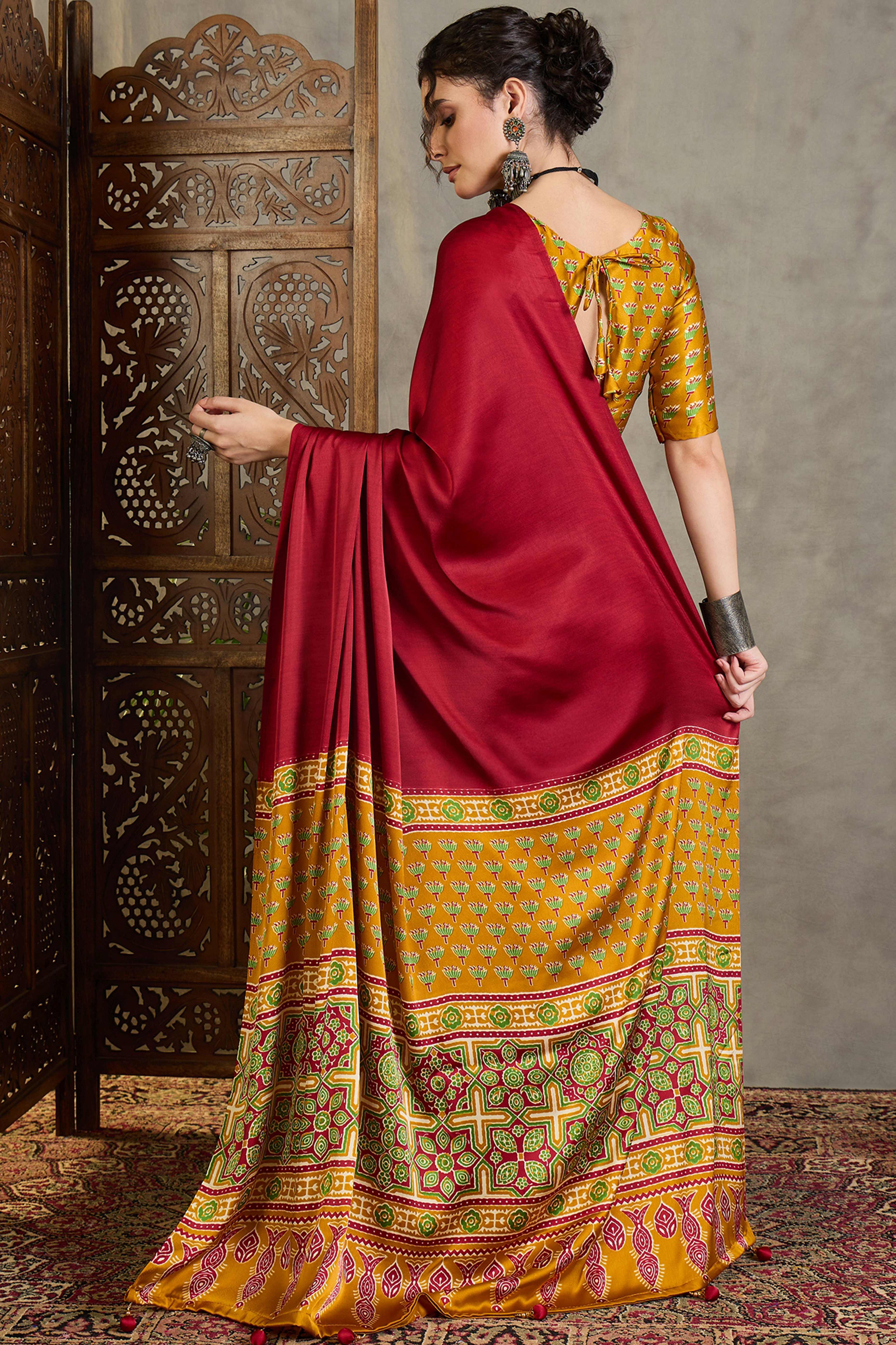 Yellow Solid Modal Satin Saree Highlighted with Classic Ajrakh Pallu Design