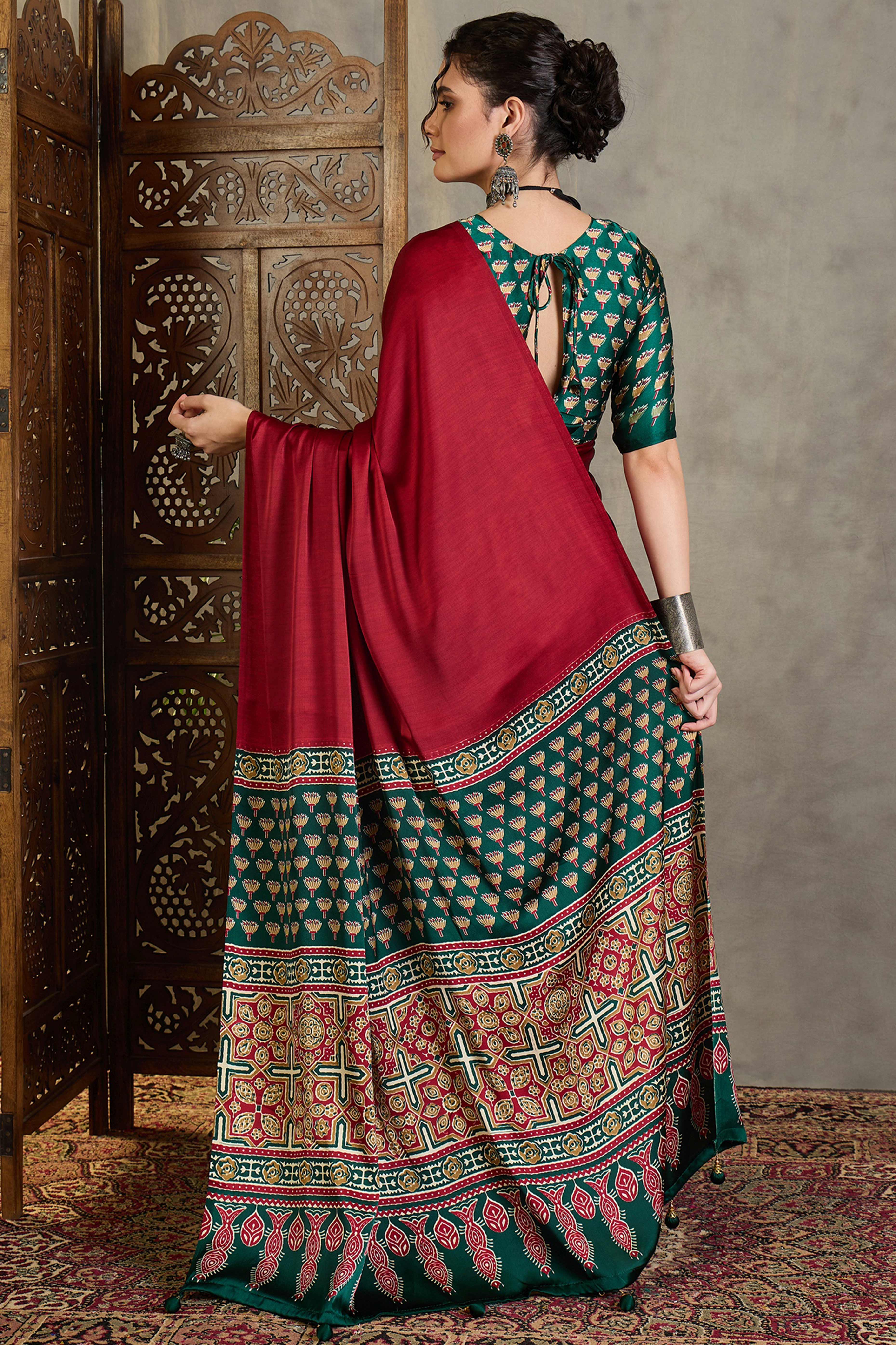 Green Solid Modal Satin Saree Highlighted with Classic Ajrakh Pallu Design