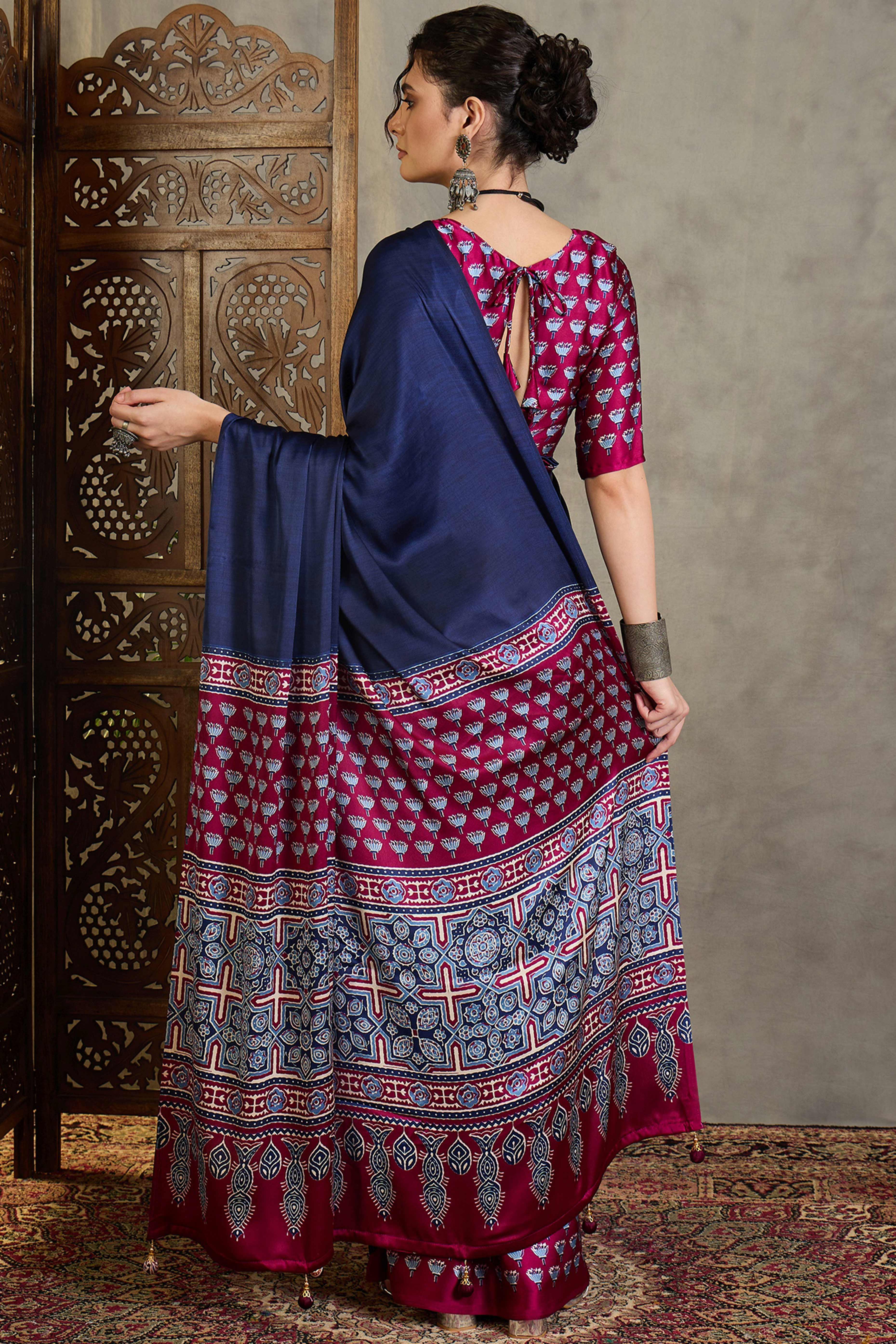 Wine Solid Modal Satin Saree Highlighted with Classic Ajrakh Pallu Design