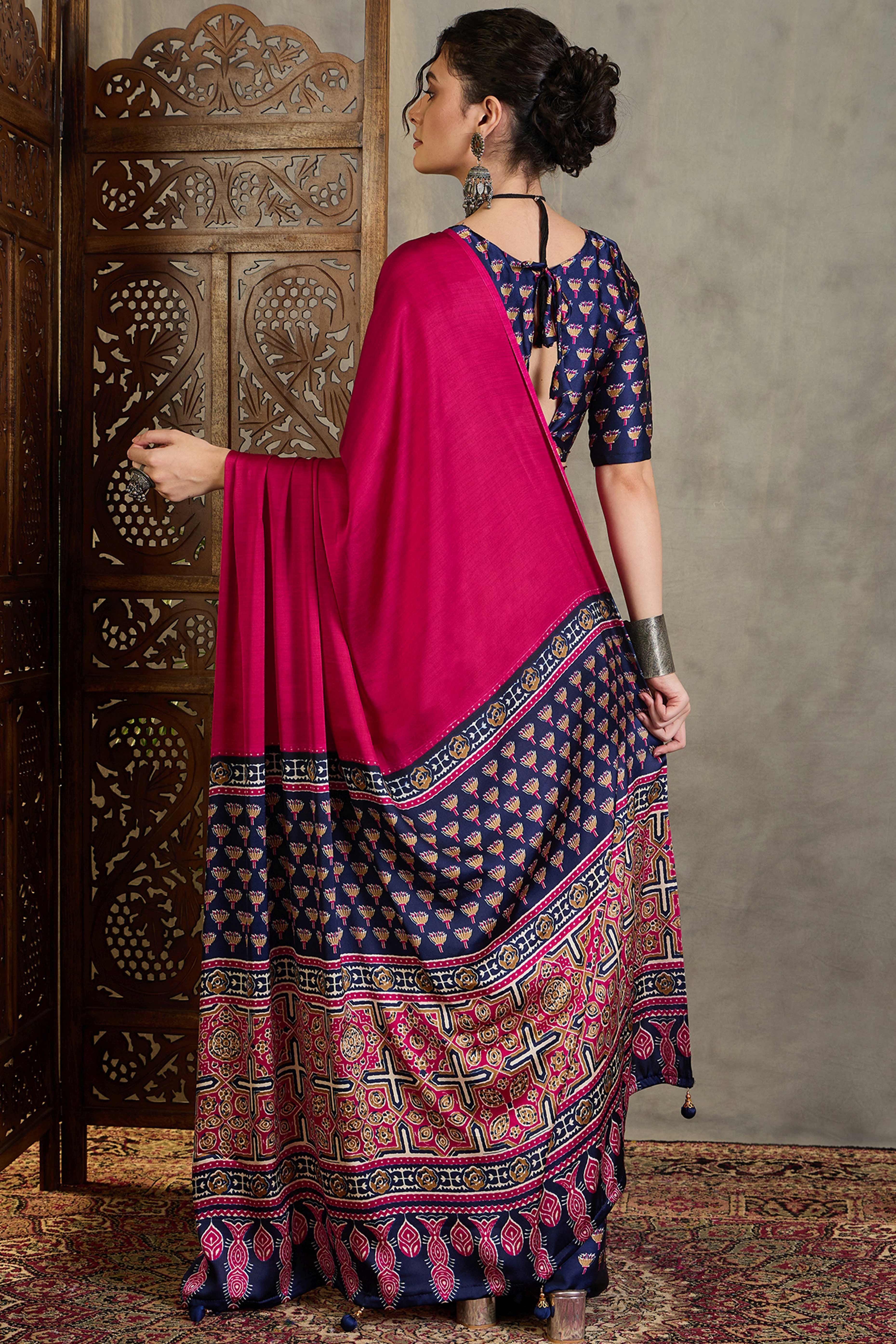 Blue Solid Modal Satin Saree Highlighted with Classic Ajrakh Pallu Design