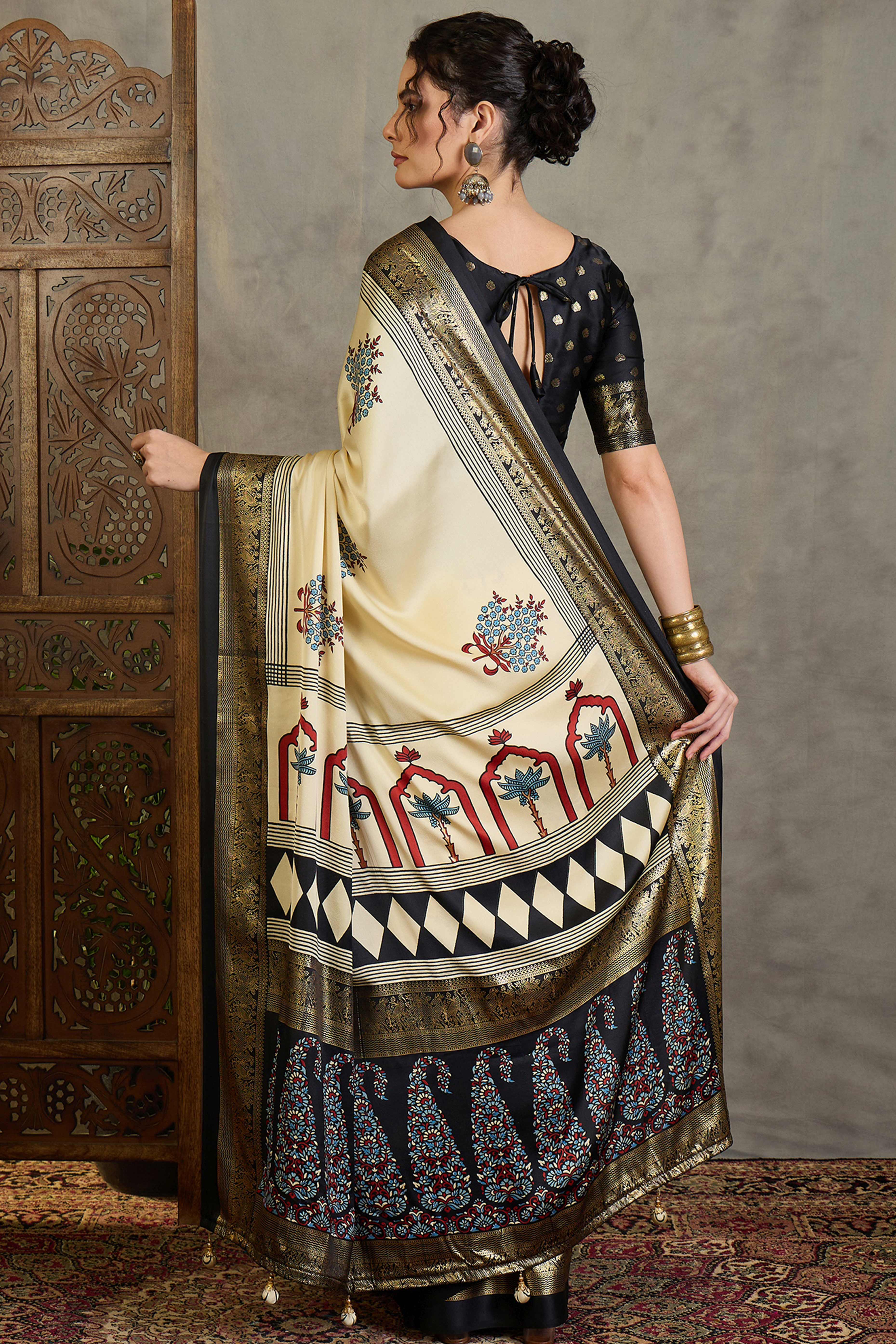 Cream Floral Printed Modal Satin Saree with Traditional Zari Detailing