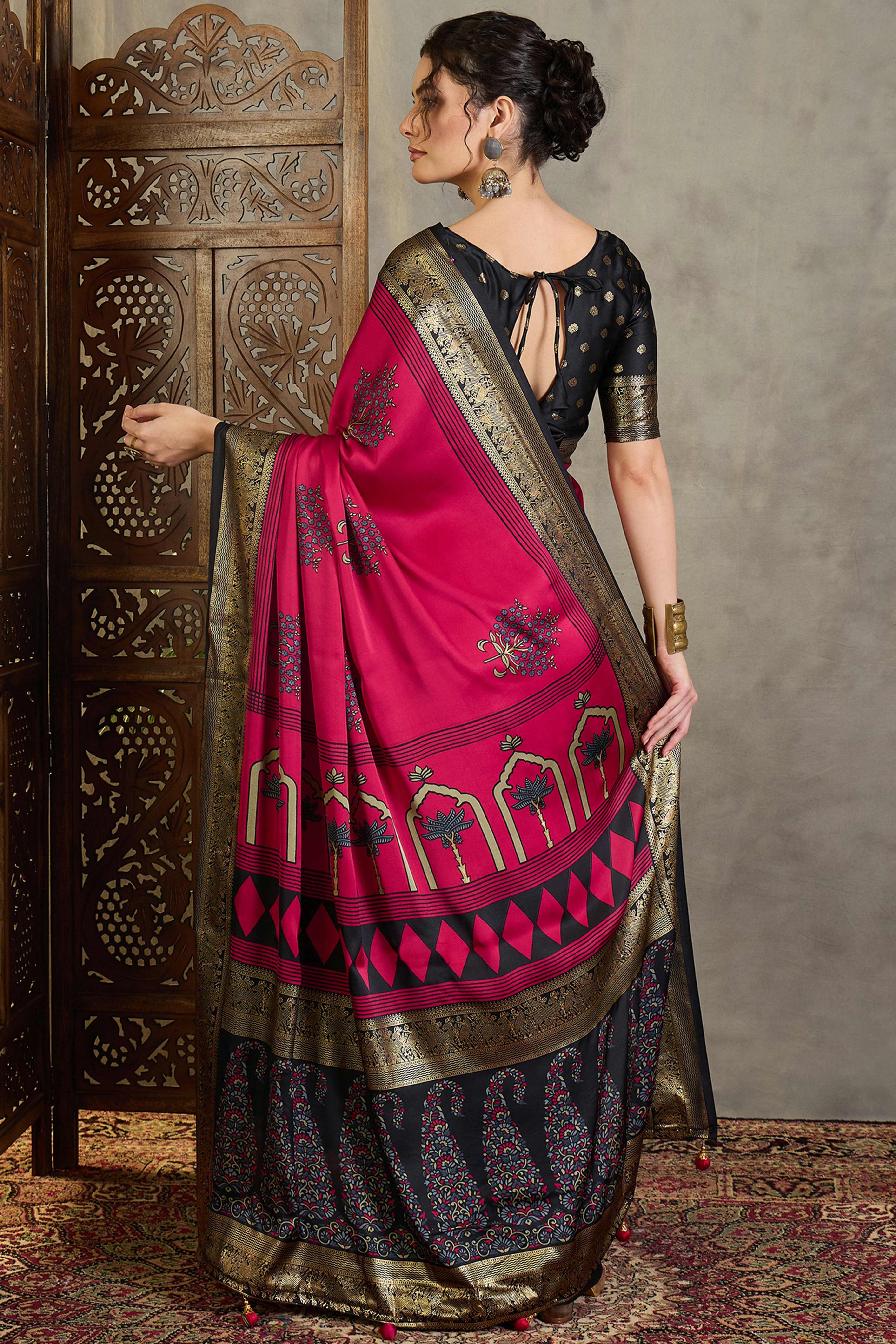 Red Floral Printed Modal Satin Saree with Traditional Zari Detailing