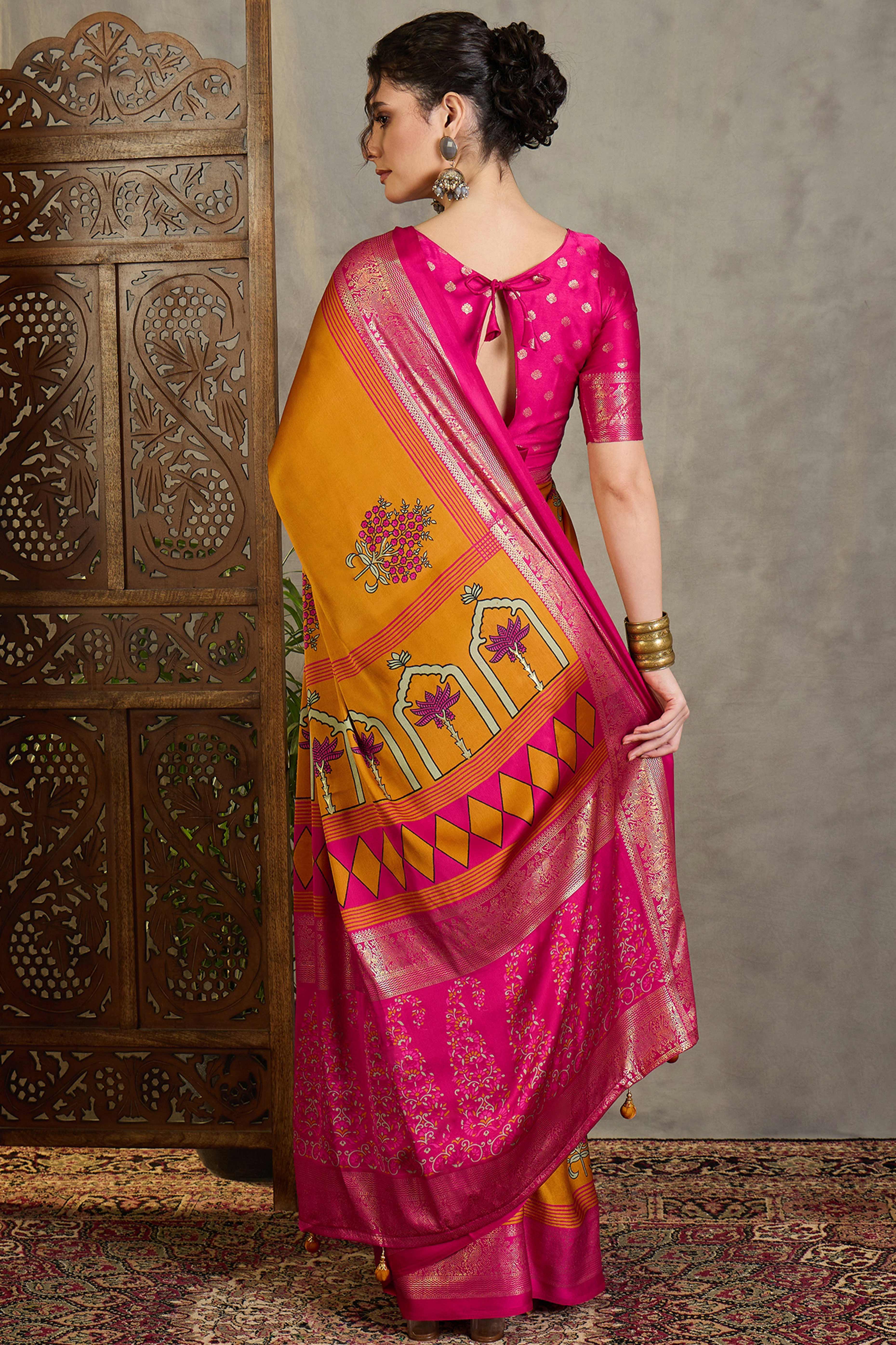Mustard Floral Printed Modal Satin Saree with Traditional Zari Detailing