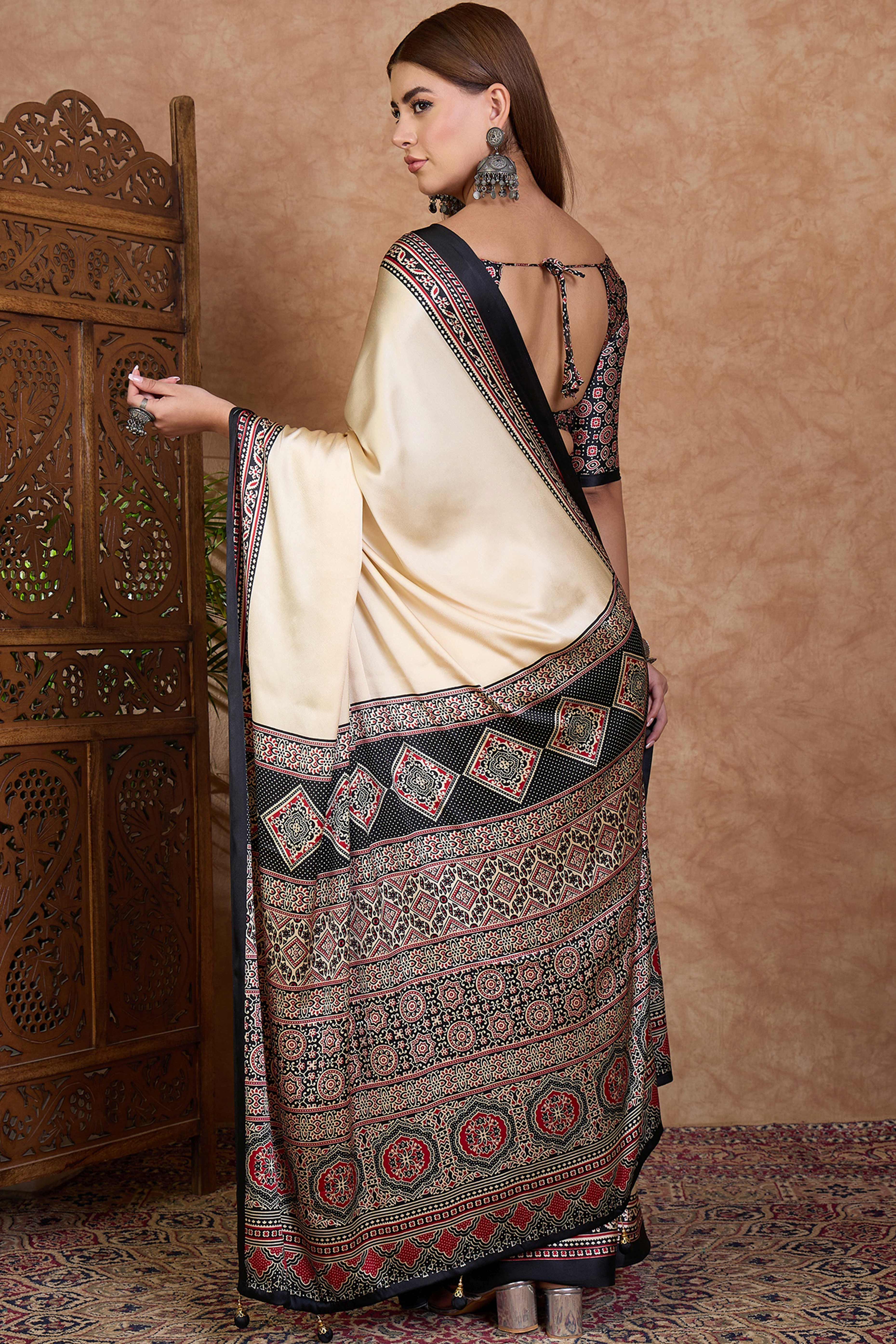 Cream & Black Modal Satin Saree Featuring a Solid Base and Artisanal Ajrakh Pallu