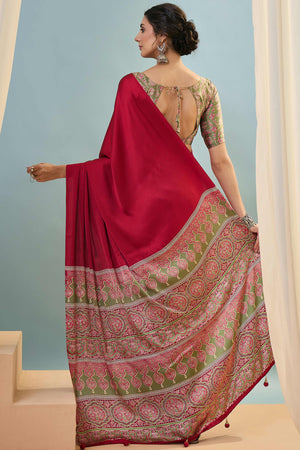 Red Solid Modal Satin Saree Highlighted With Classic Ajrakh Pallu Design