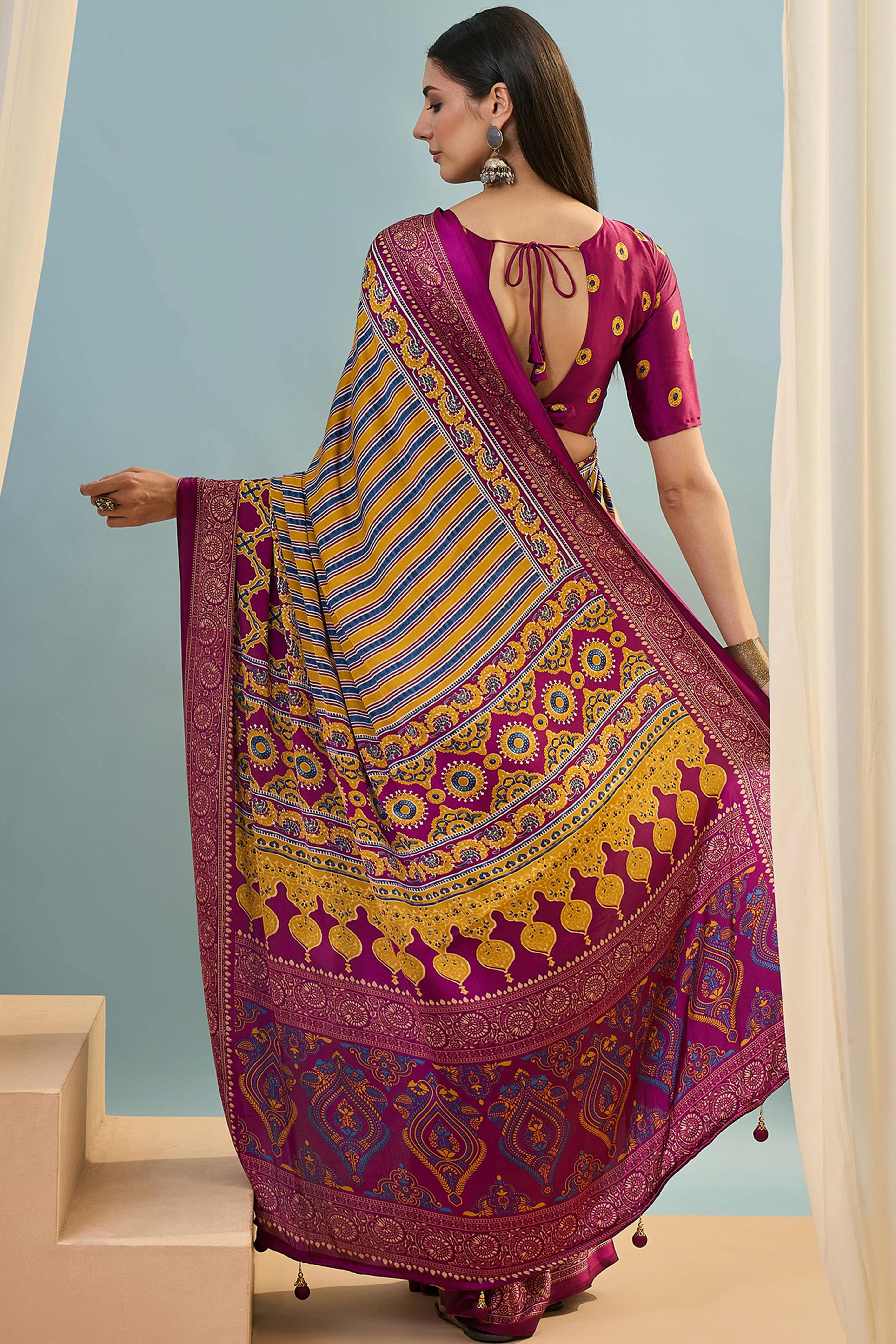 Modern Magenta Striped Printed Modal Satin Saree with Luxurious Flow and Shine