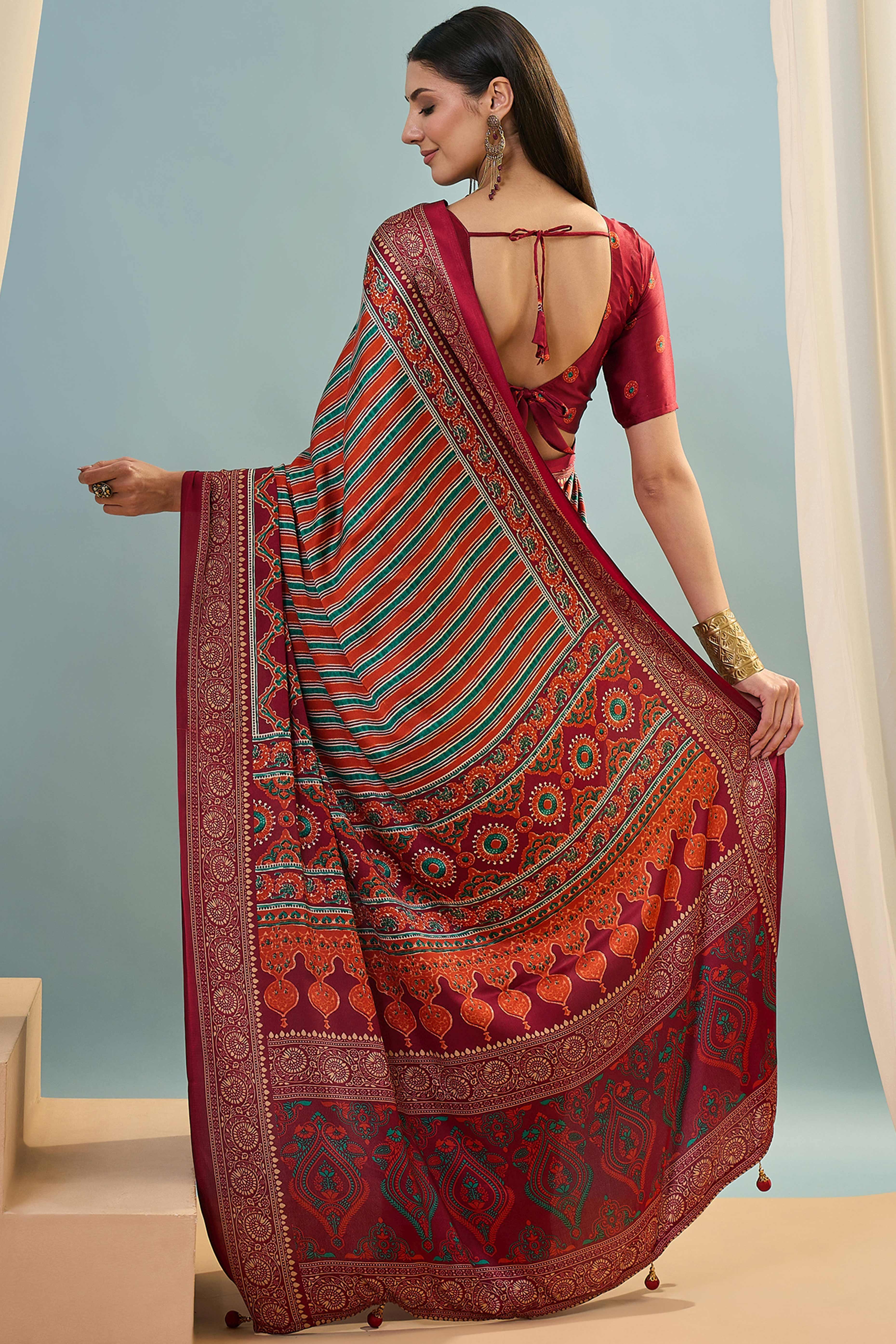 Modern Red Striped Printed Modal Satin Saree with Luxurious Flow and Shine