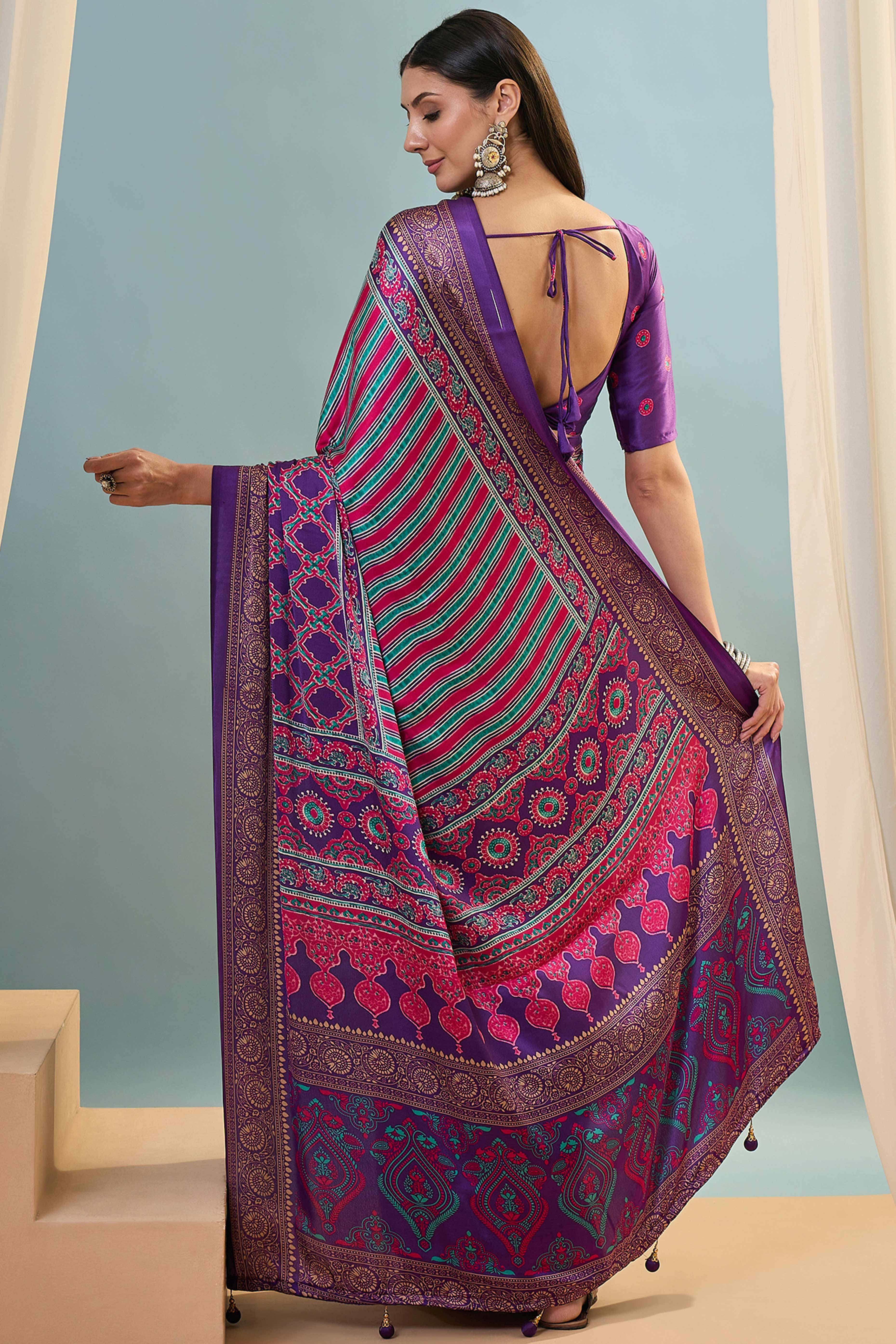 Modern Purple Striped Printed Modal Satin Saree with Luxurious Flow and Shine