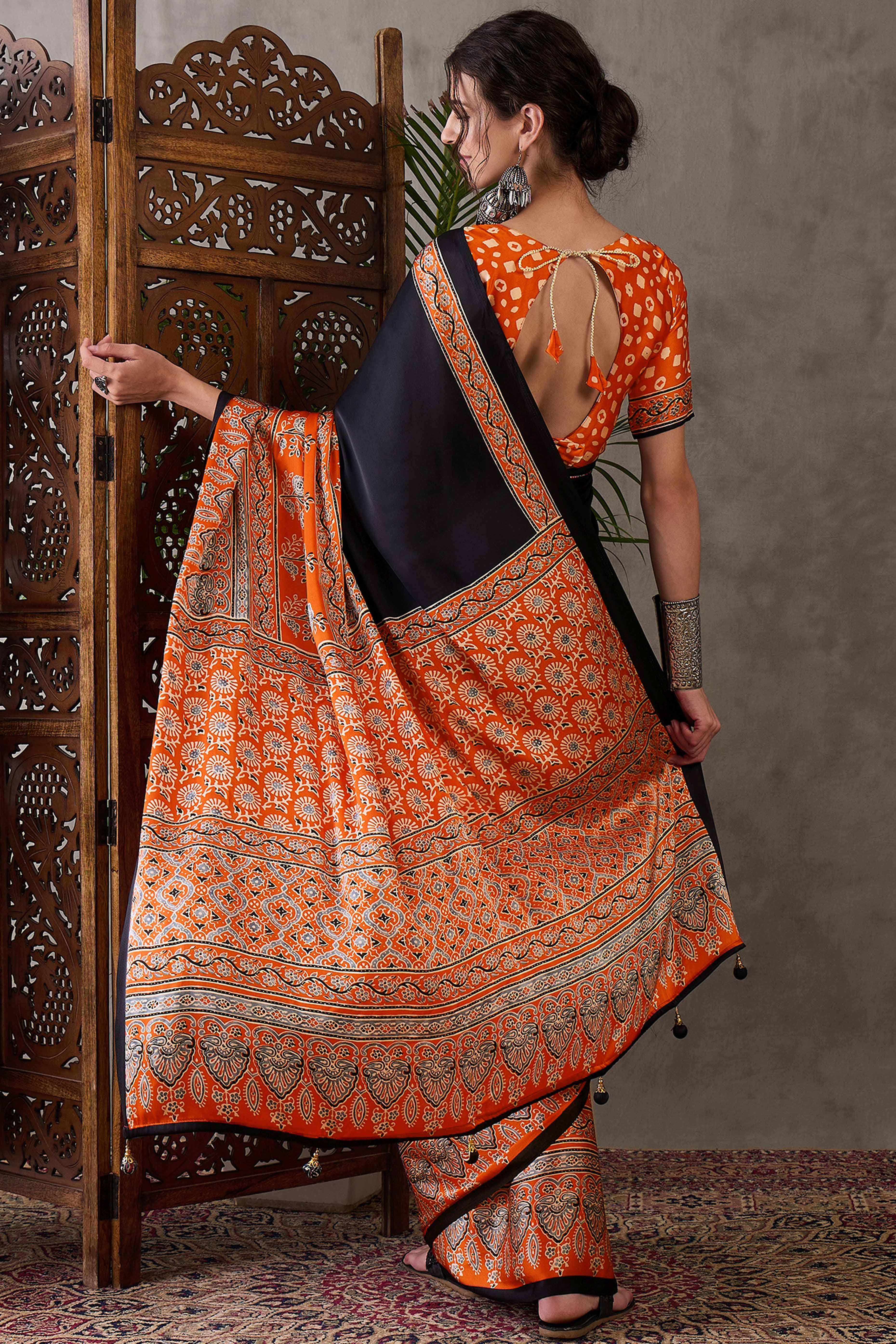 Black & Rust Ajrakh Printed Modal Satin Saree with Elegant Party Wear Appeal