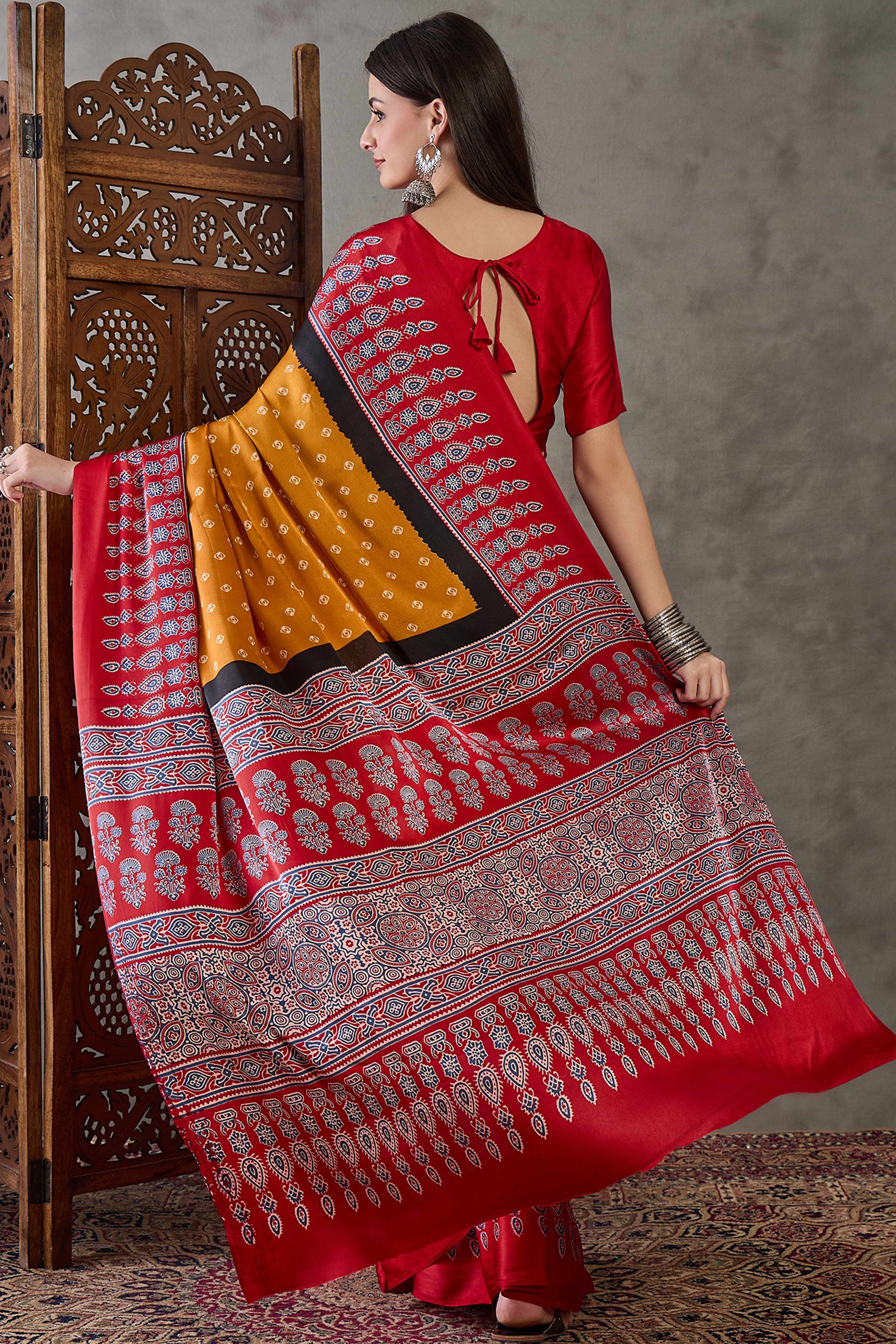 Mustard Ajrakh Printed Modal Satin Saree with Traditional Ajrakh Charm