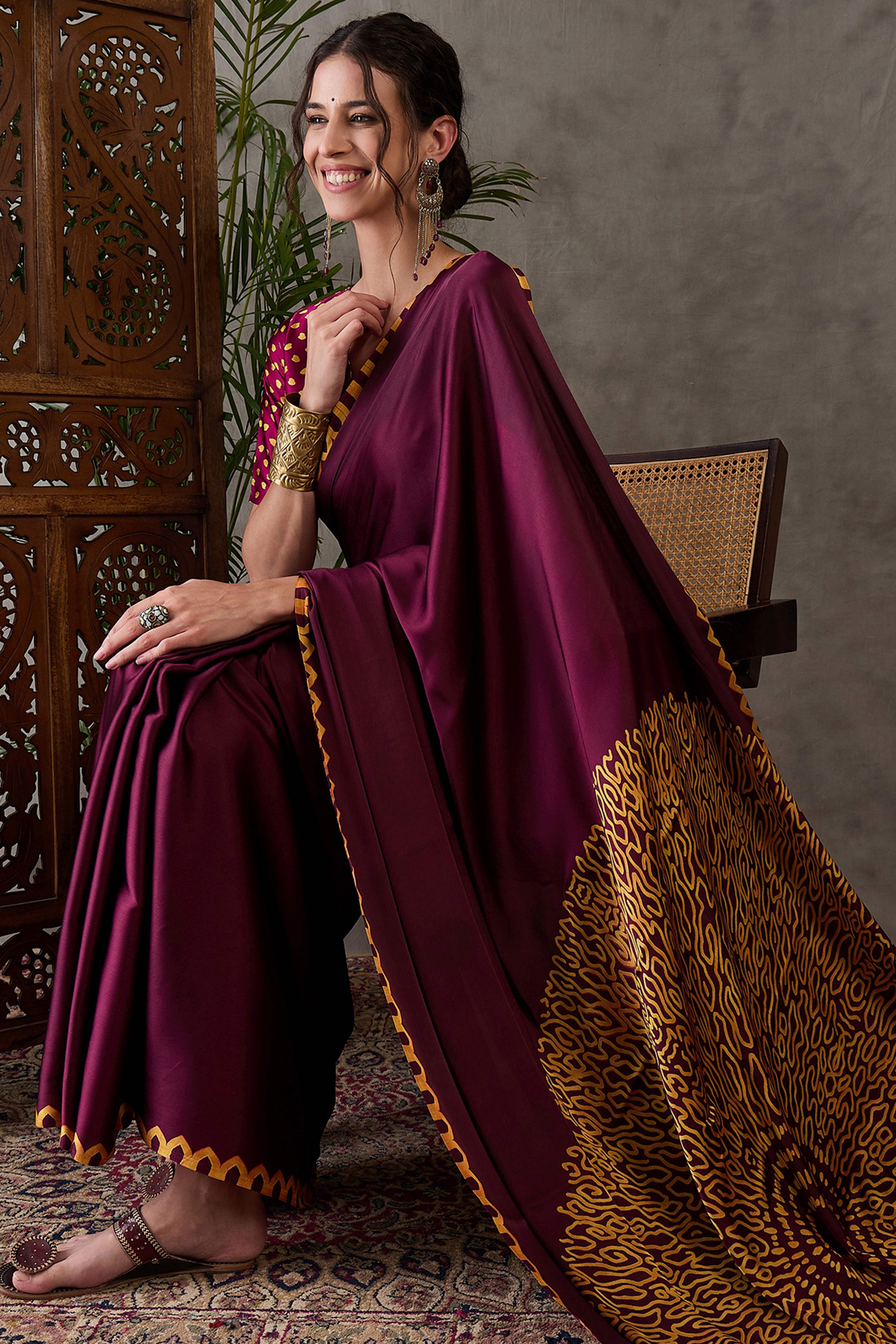 Wine Free Style Printed Modal Satin Party Wear Saree with a Smooth Satin Drape
