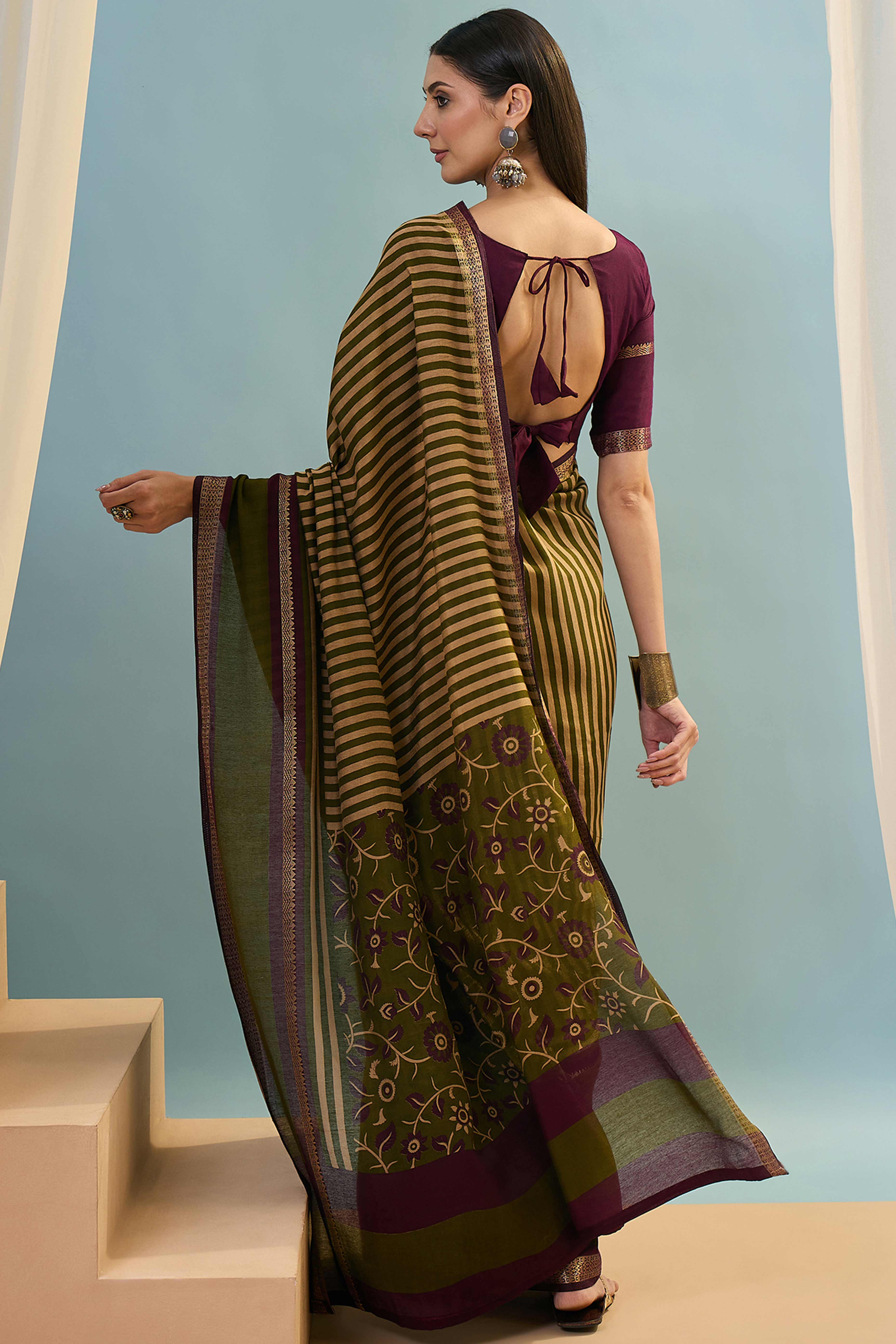 Mehendi Green Striped Printed Viscose Saree with a Subtle Zari Finish