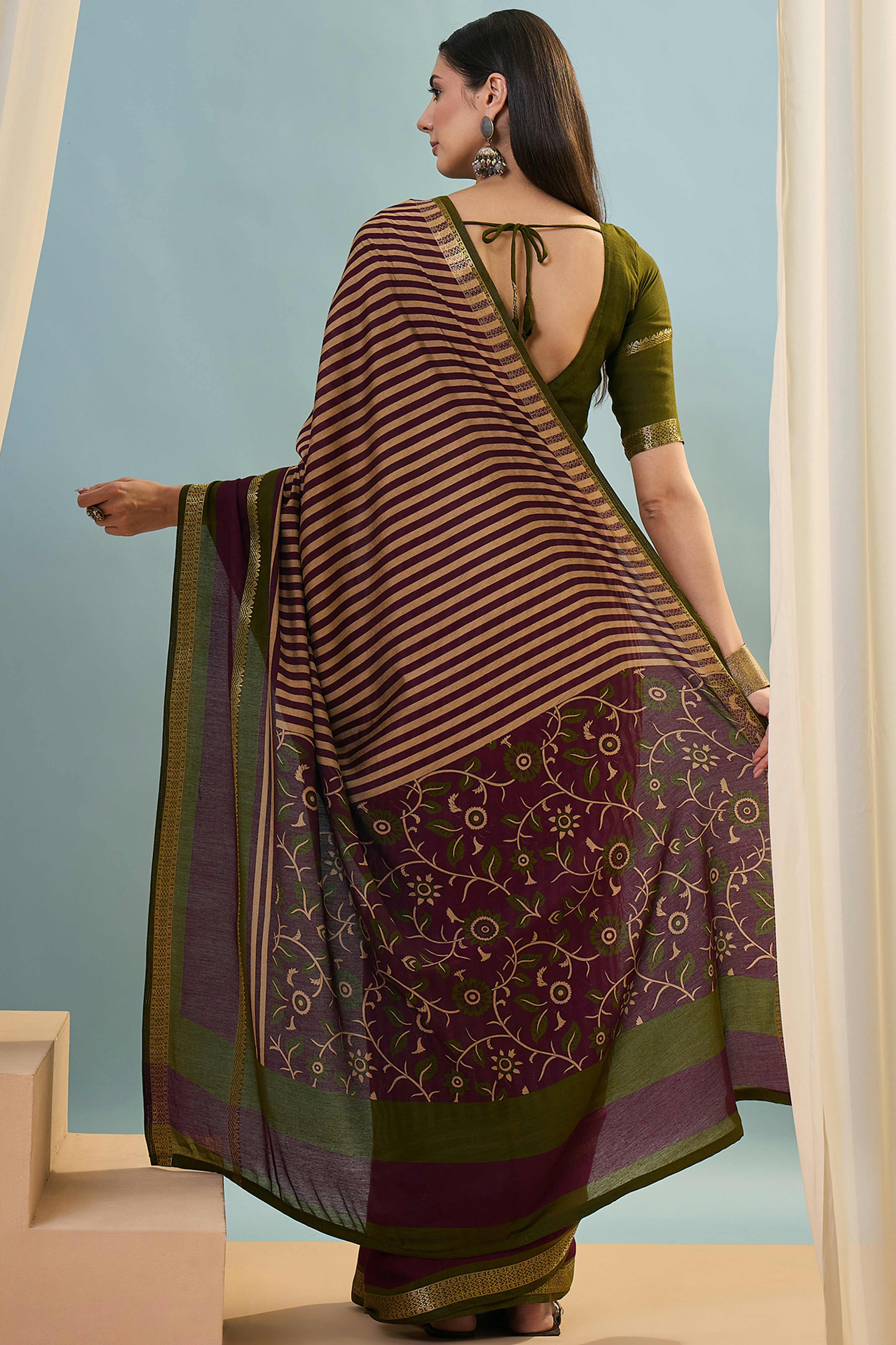 Wine Striped Printed Viscose Saree with a Subtle Zari Finish