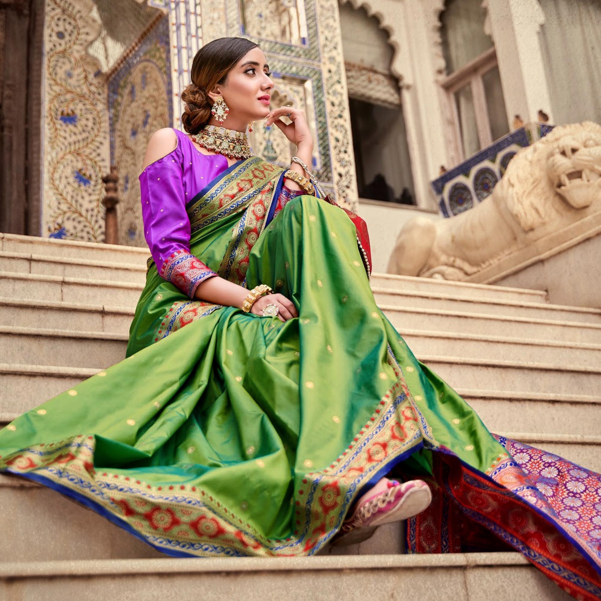 Green Woven Pure Silk Saree With With Tassels