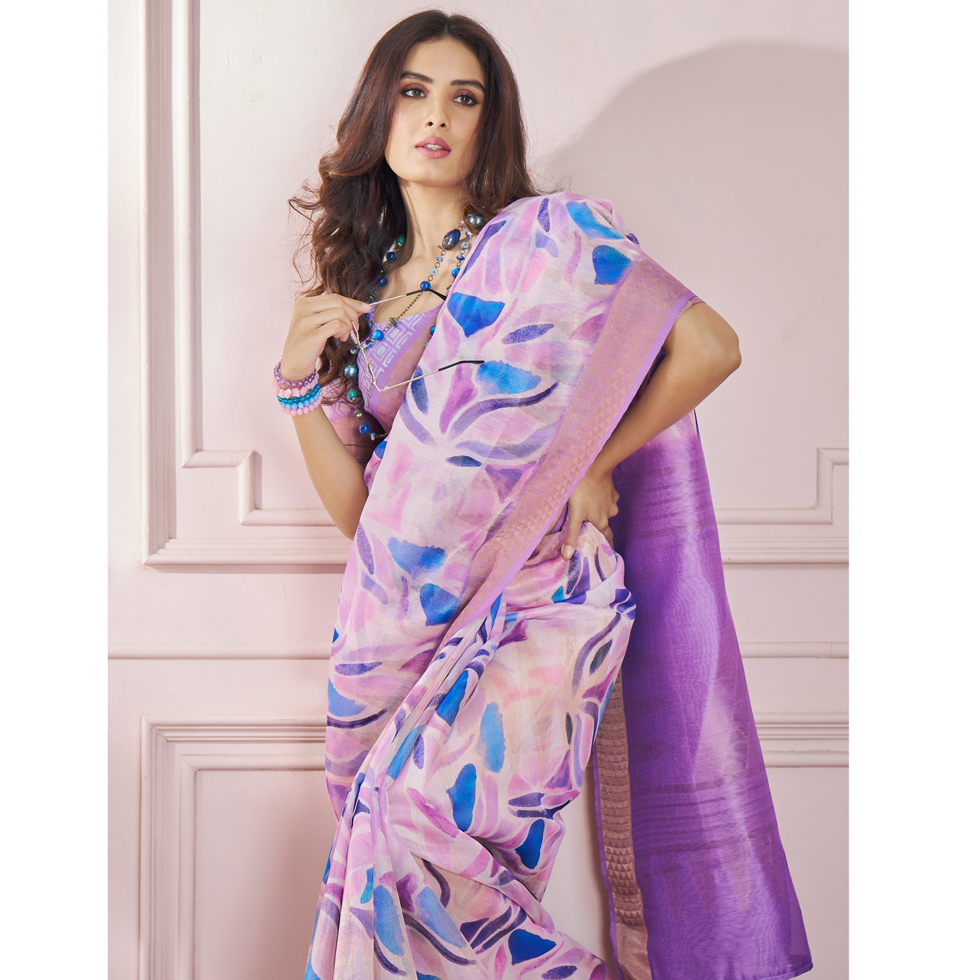 Purple Printed Woven Soft Banarasi Silk Saree