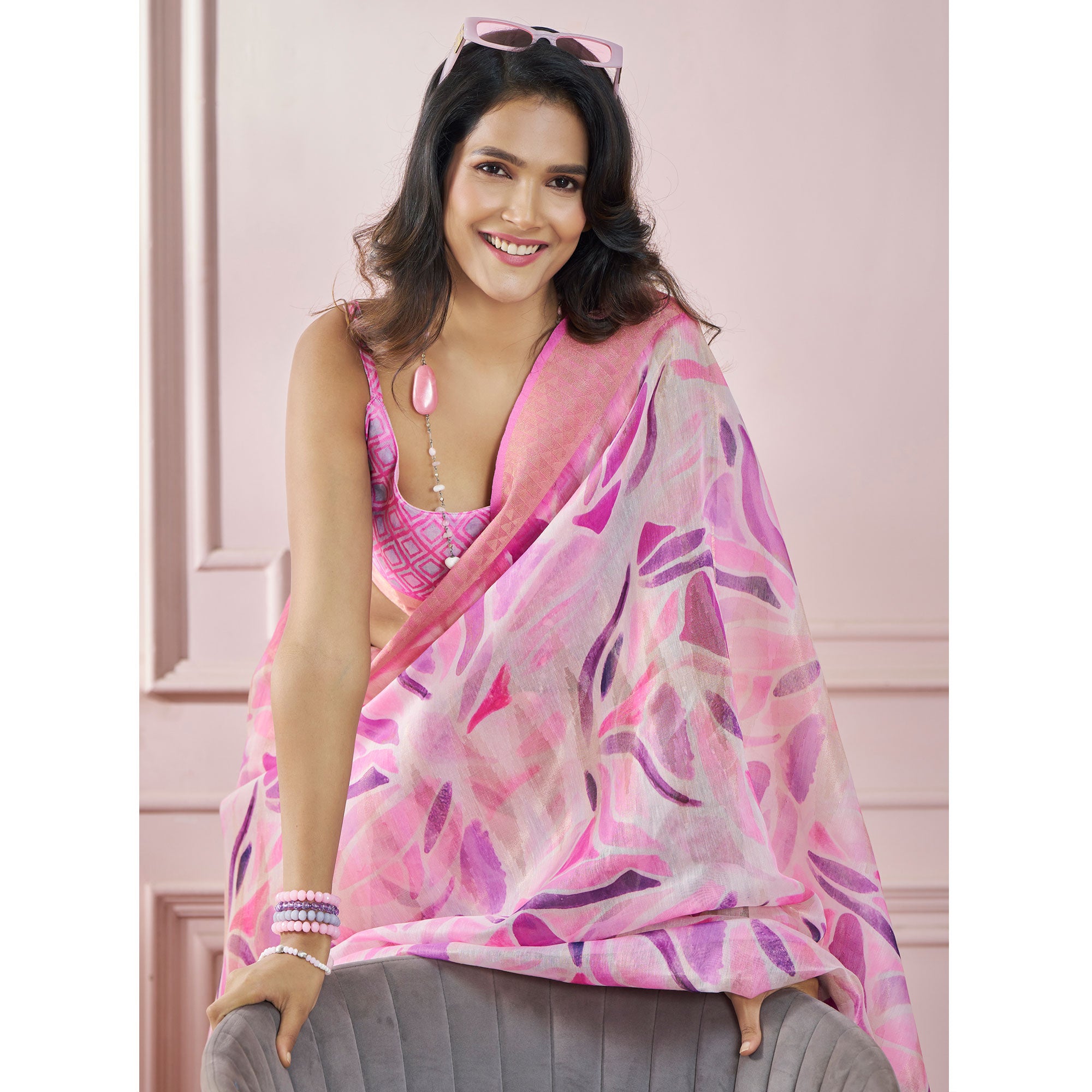 Pink Printed Woven Soft Banarasi Silk Saree