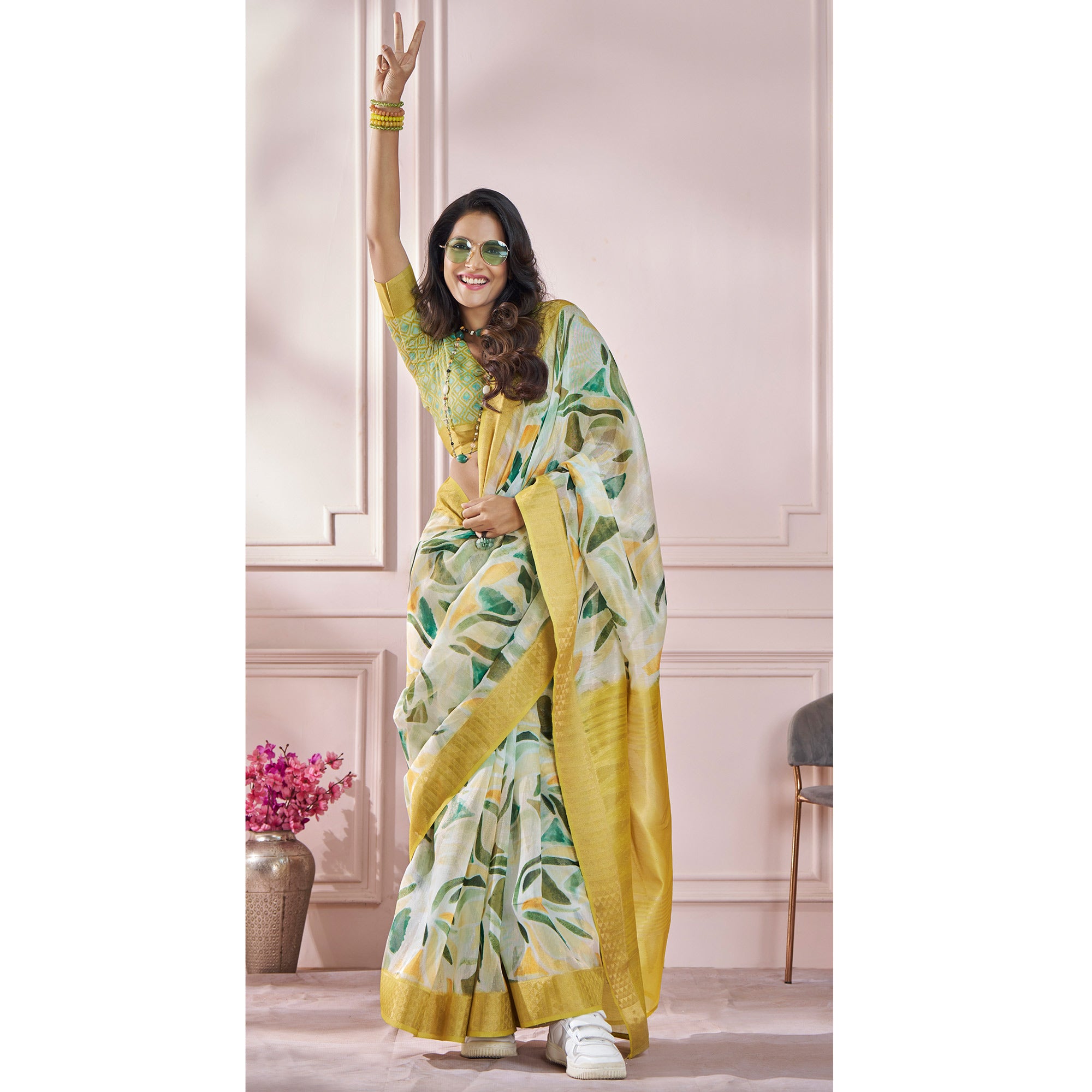 Light Green Printed Woven Soft Banarasi Silk Saree