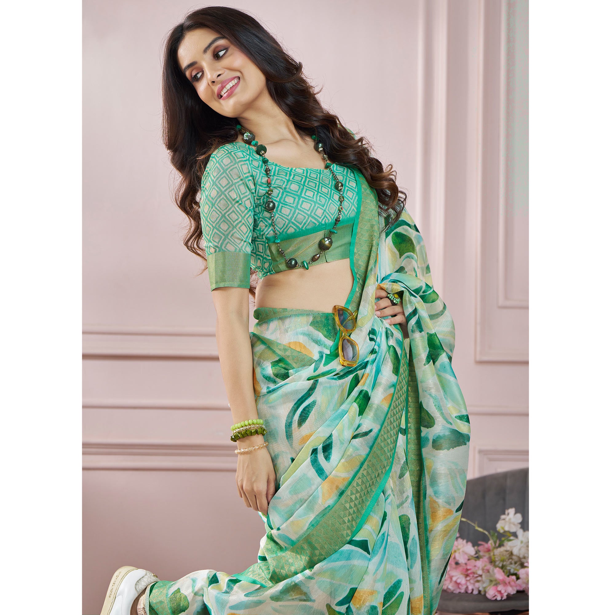 Green Printed Woven Soft Banarasi Silk Saree