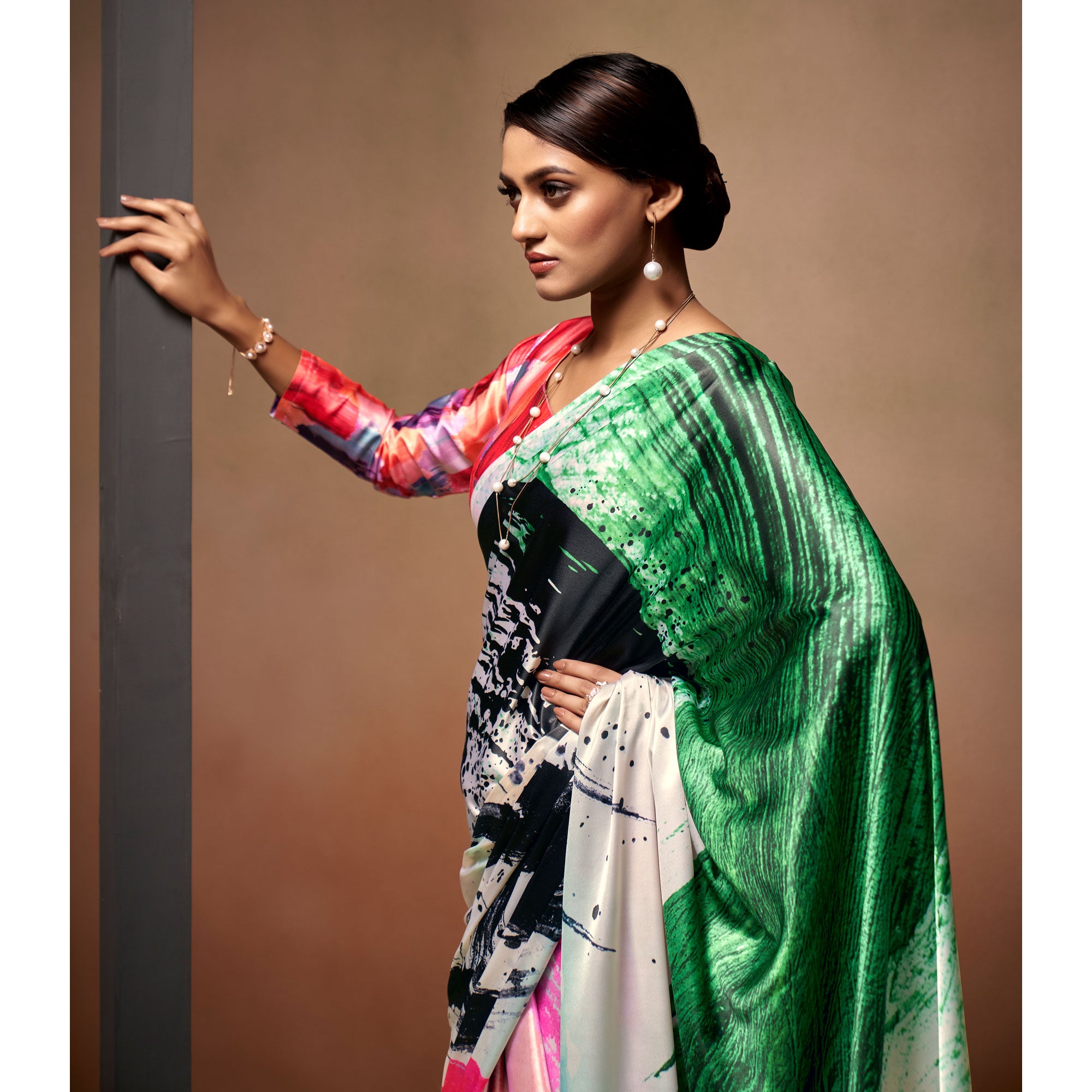 White Digital Printed Satin Saree