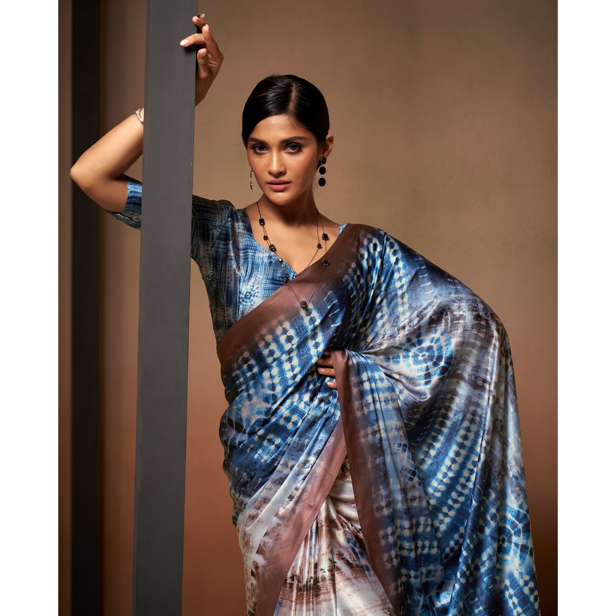 Blue & Cream Digital Printed Satin Saree
