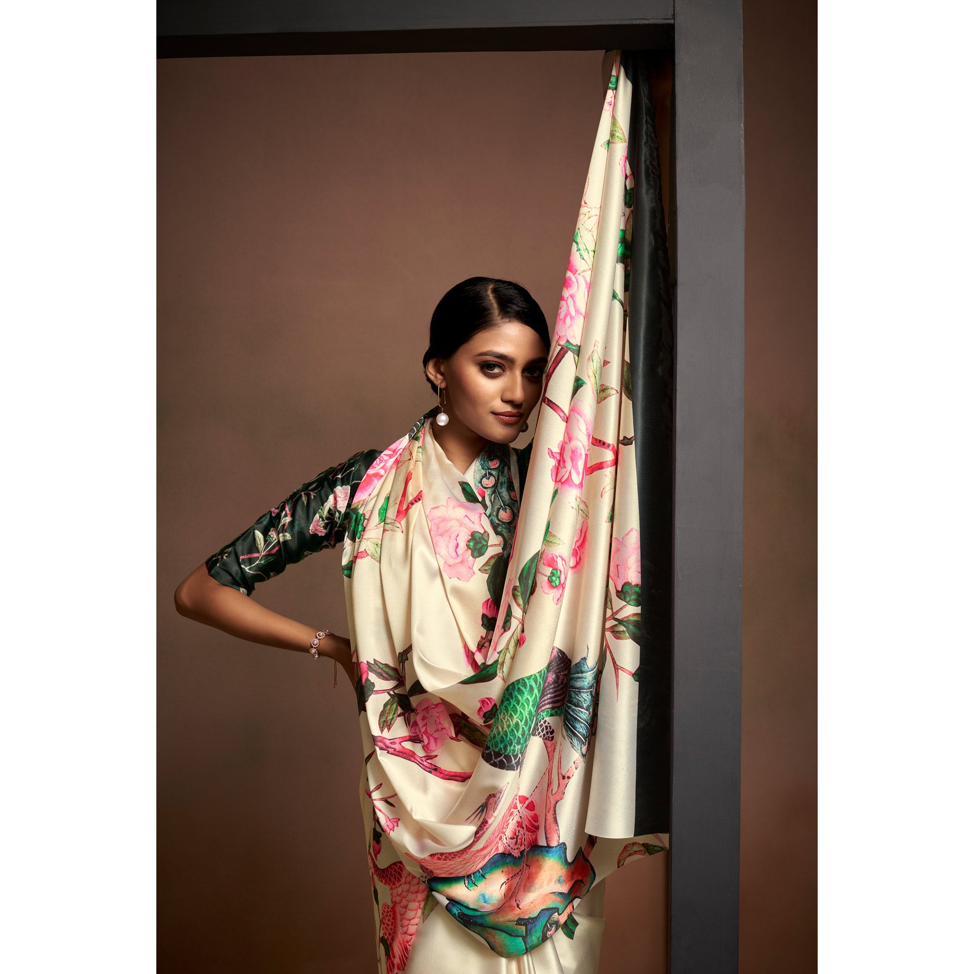 Beige Digital Printed Satin Saree