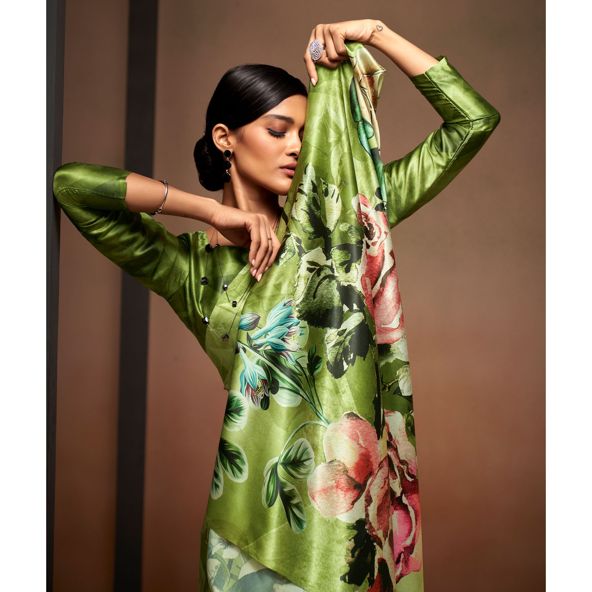 Green Digital Printed Satin Saree