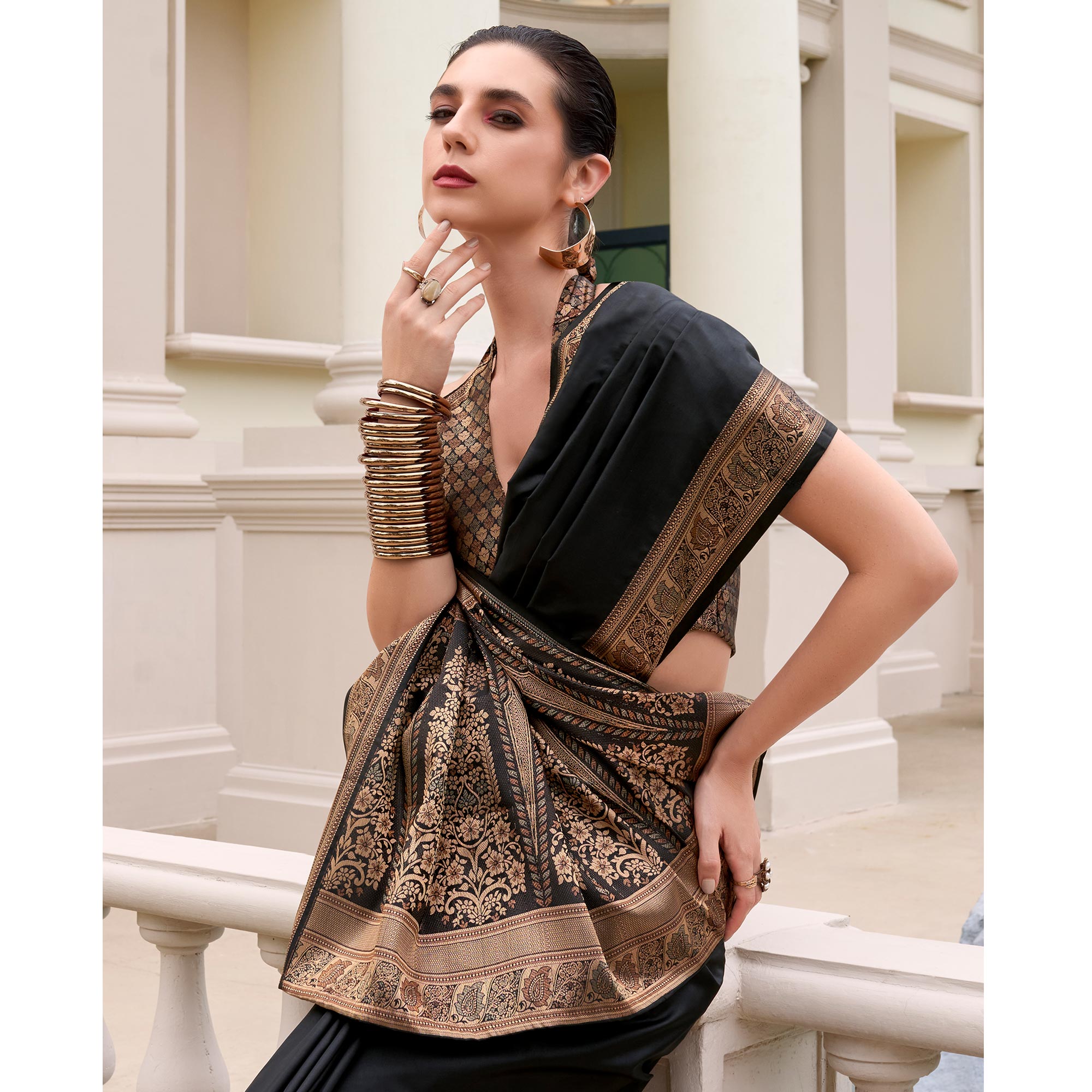 Black Woven Banarasi Silk Saree With Zari Border