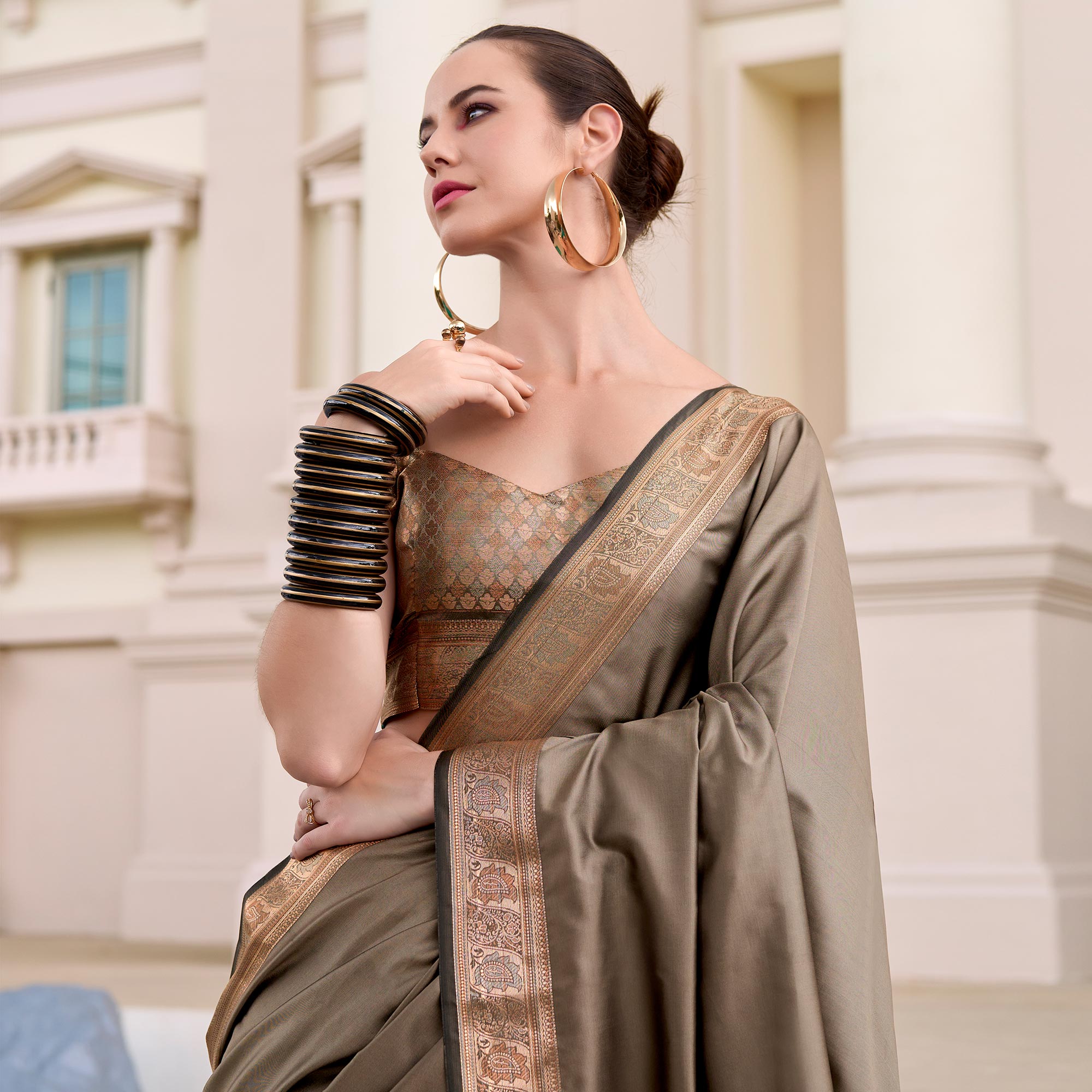 Taupe Brown Woven Banarasi Silk Saree With Zari Border