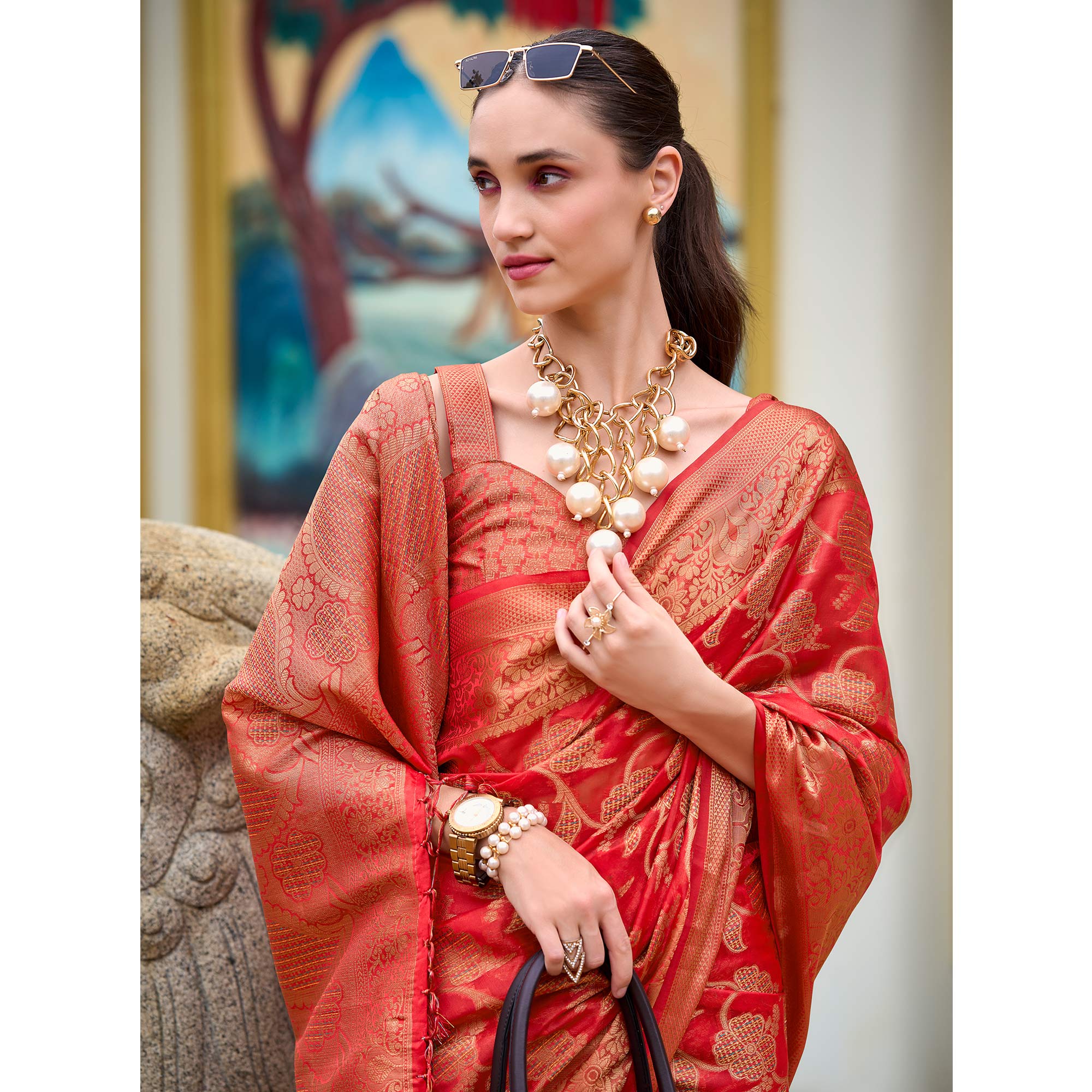 Red Floral Motifs Woven Organza Saree