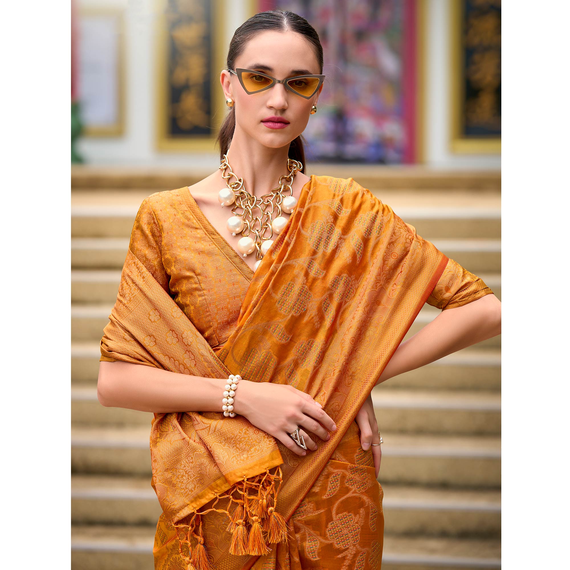 Warm Orange Floral Motifs Woven Organza Saree