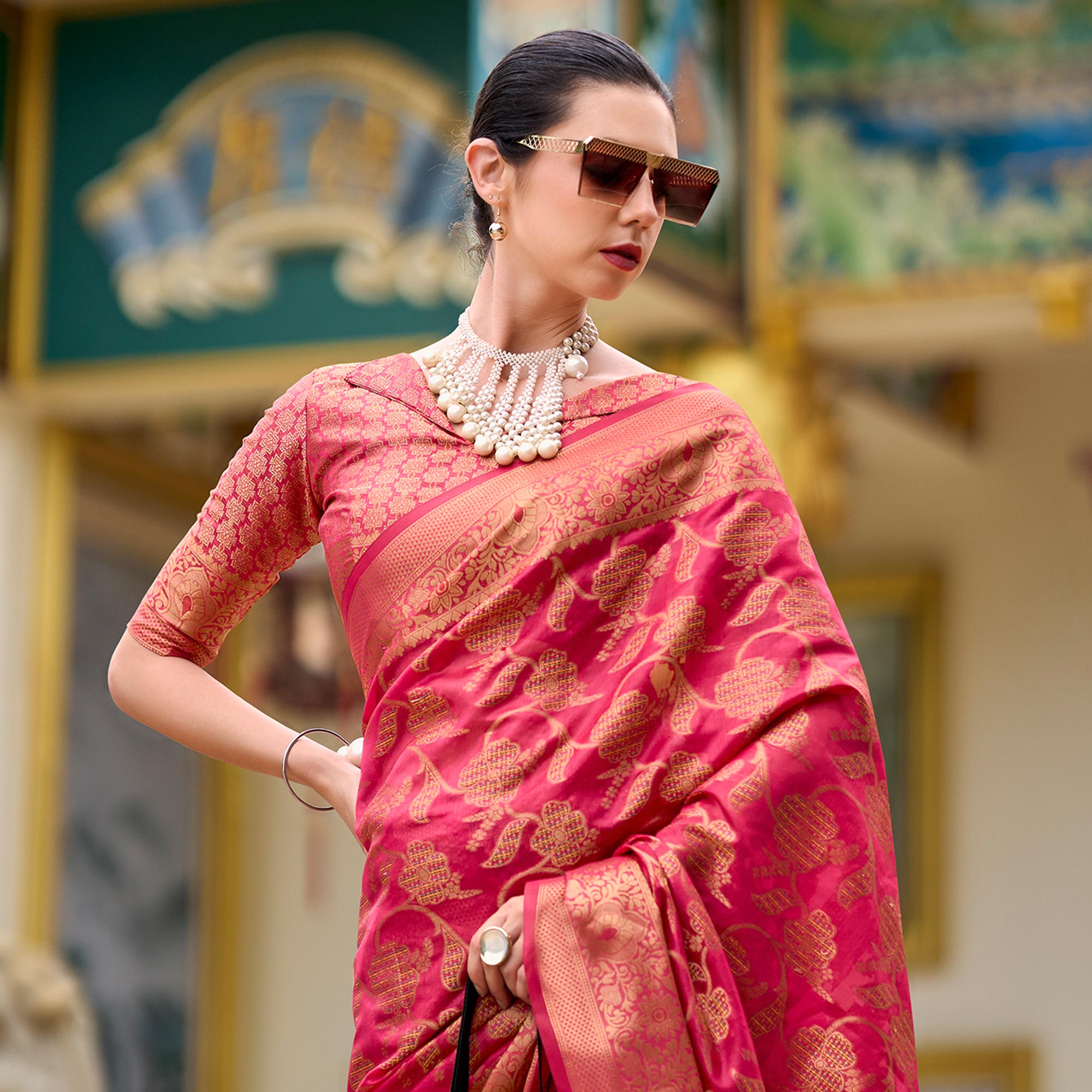 Pink Floral Motifs Woven Organza Saree