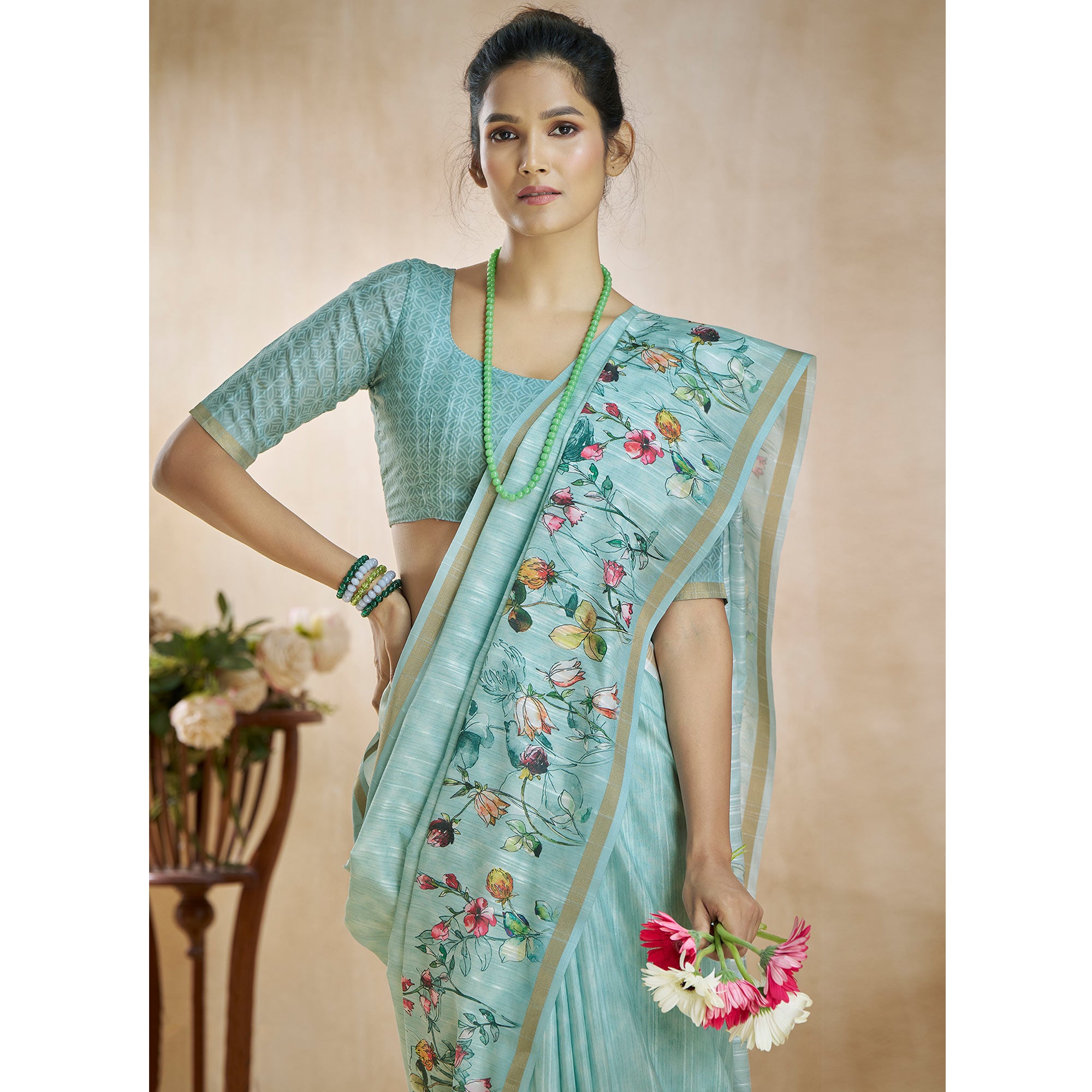 Turquoise Floral Digital Printed Pure Silk Saree