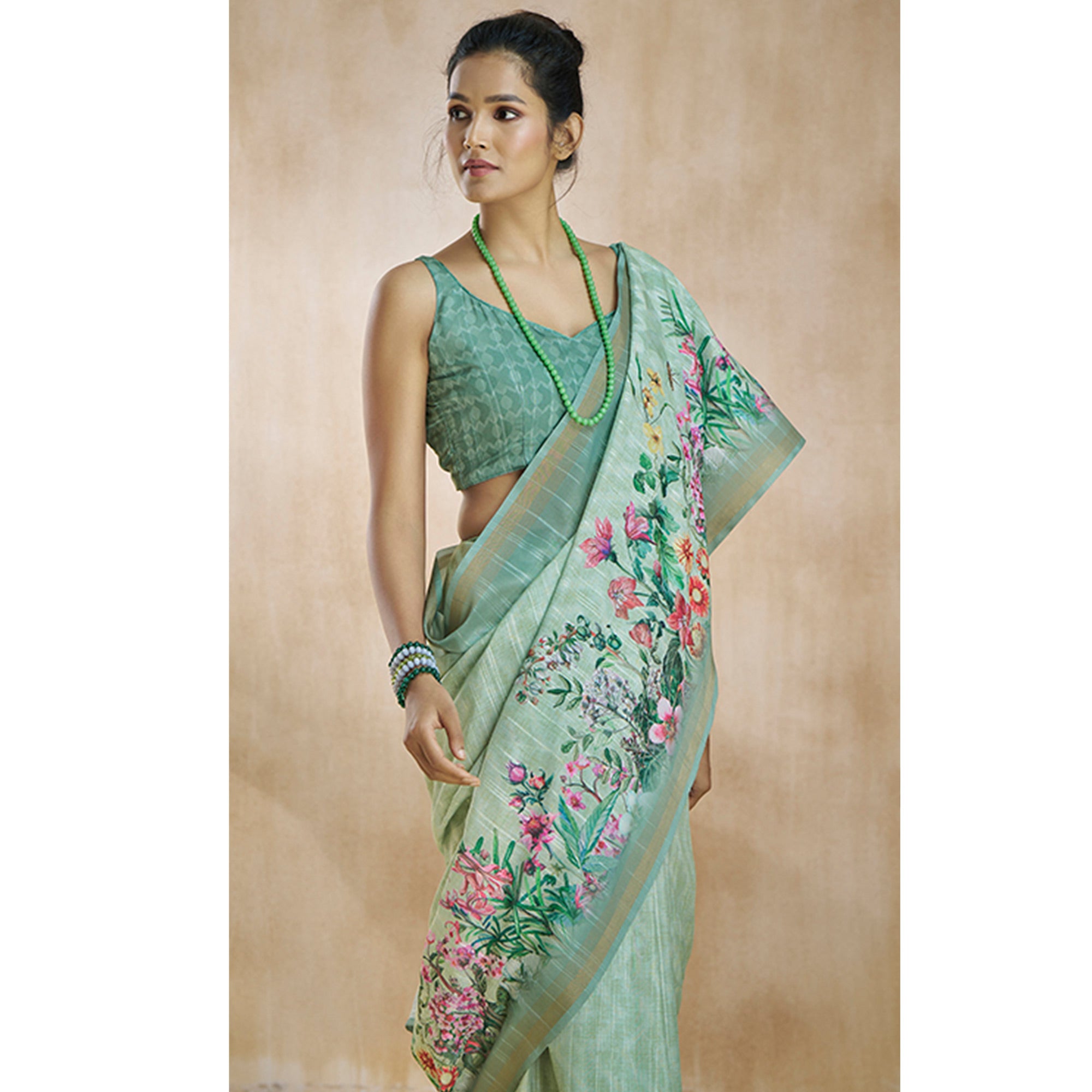 Sea Green Floral Digital Printed Pure Silk Saree