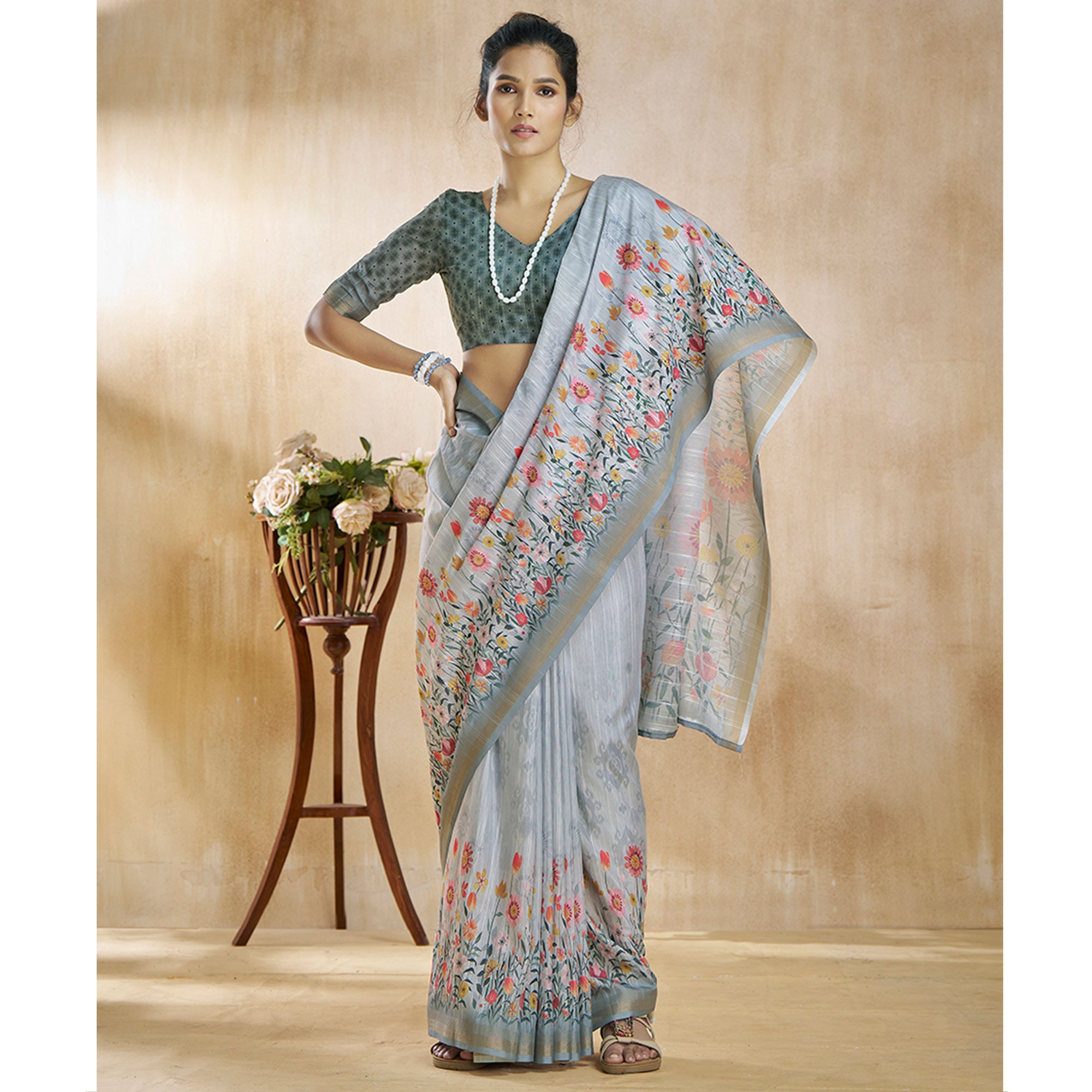 Grey Floral Digital Printed Pure Silk Saree