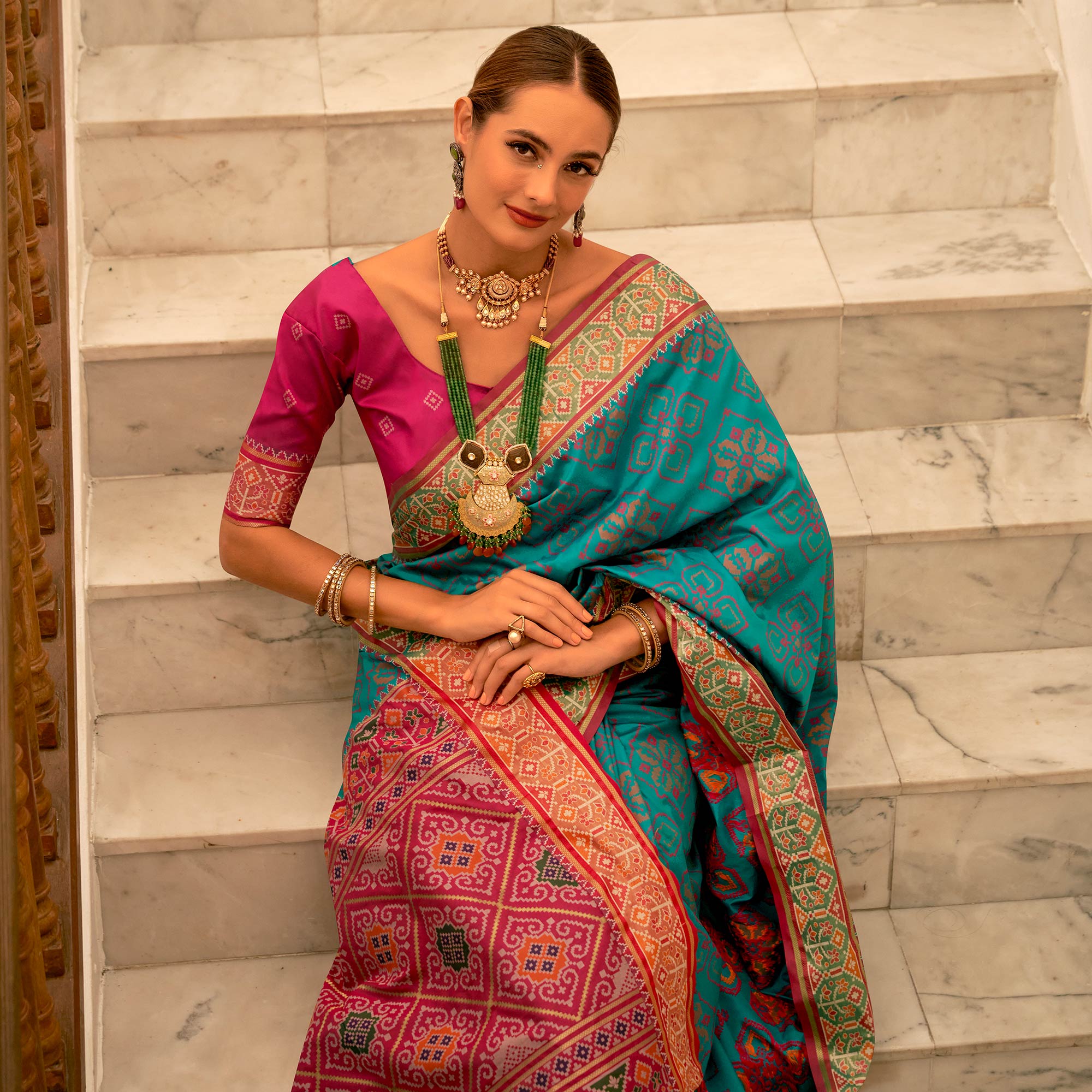 Rama Blue Patola Printed Banarasi Silk Saree With Tassels