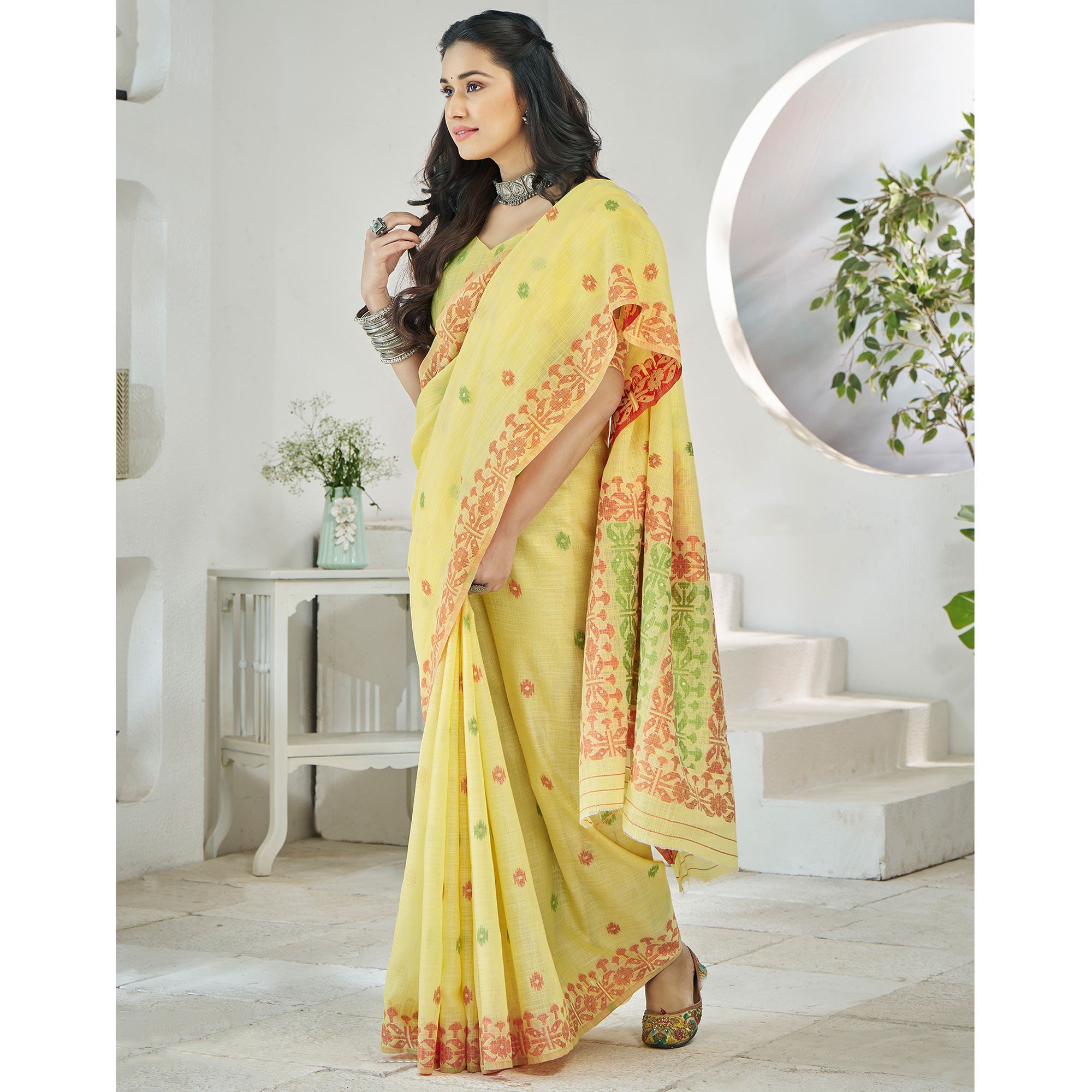 Yellow Floral Woven Cotton Silk Saree