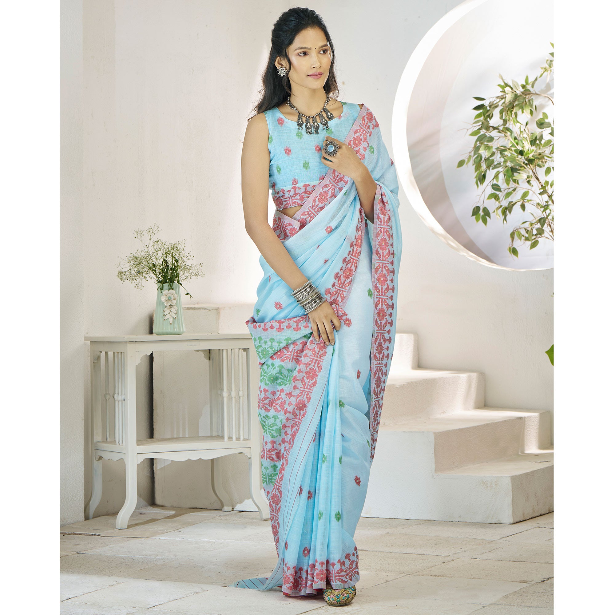 Blue Floral Woven Cotton Silk Saree
