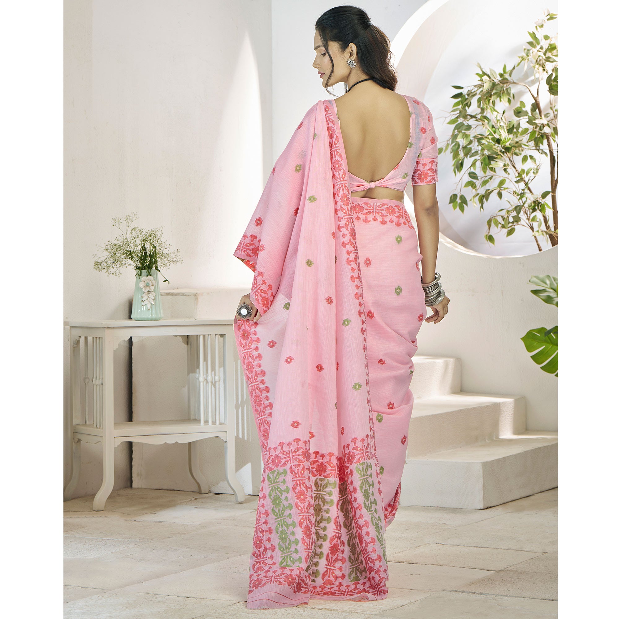 Pink Floral Woven Cotton Silk Saree