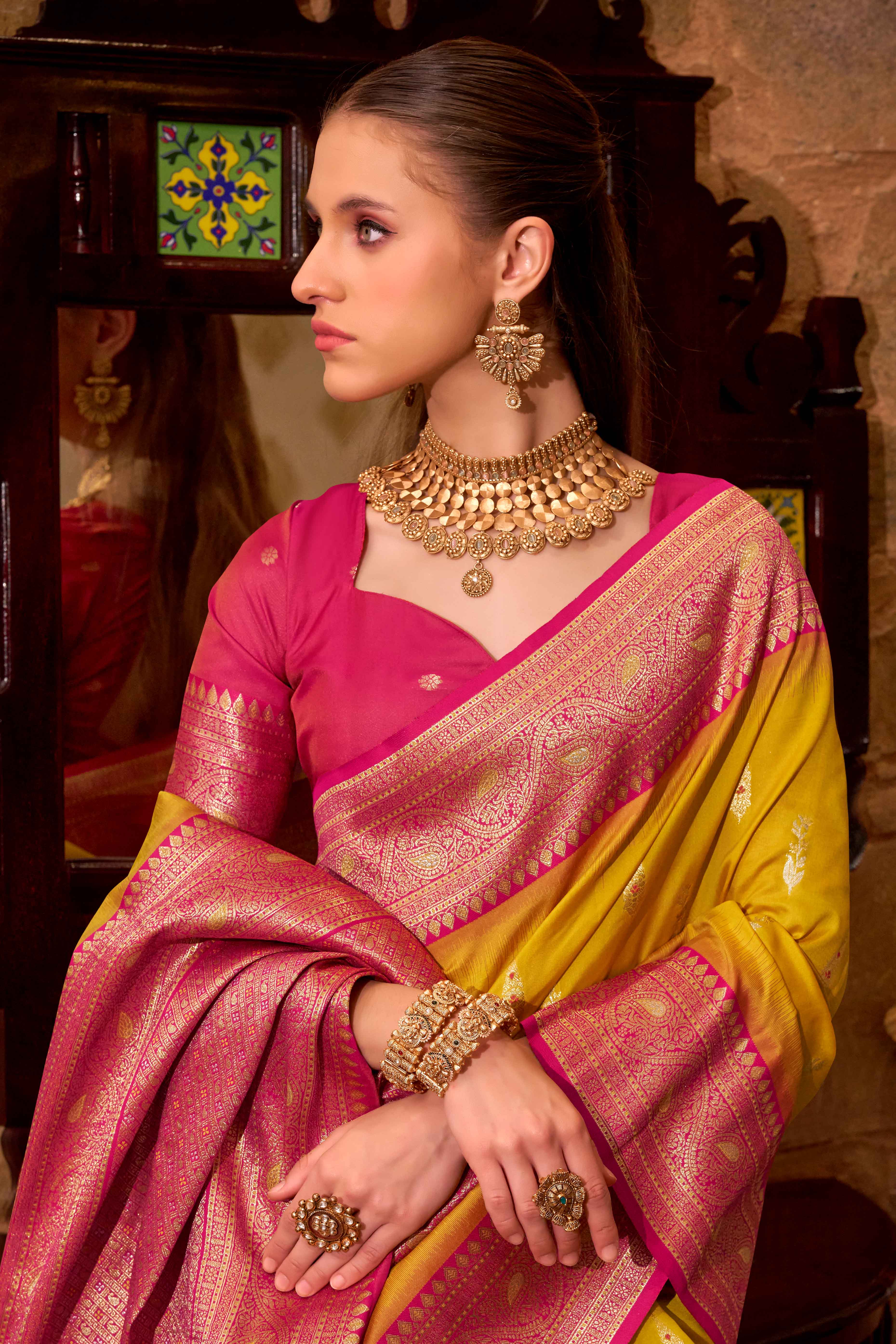 Mustard Pure Silk Saree With Intricate Floral Zari Weaving Work