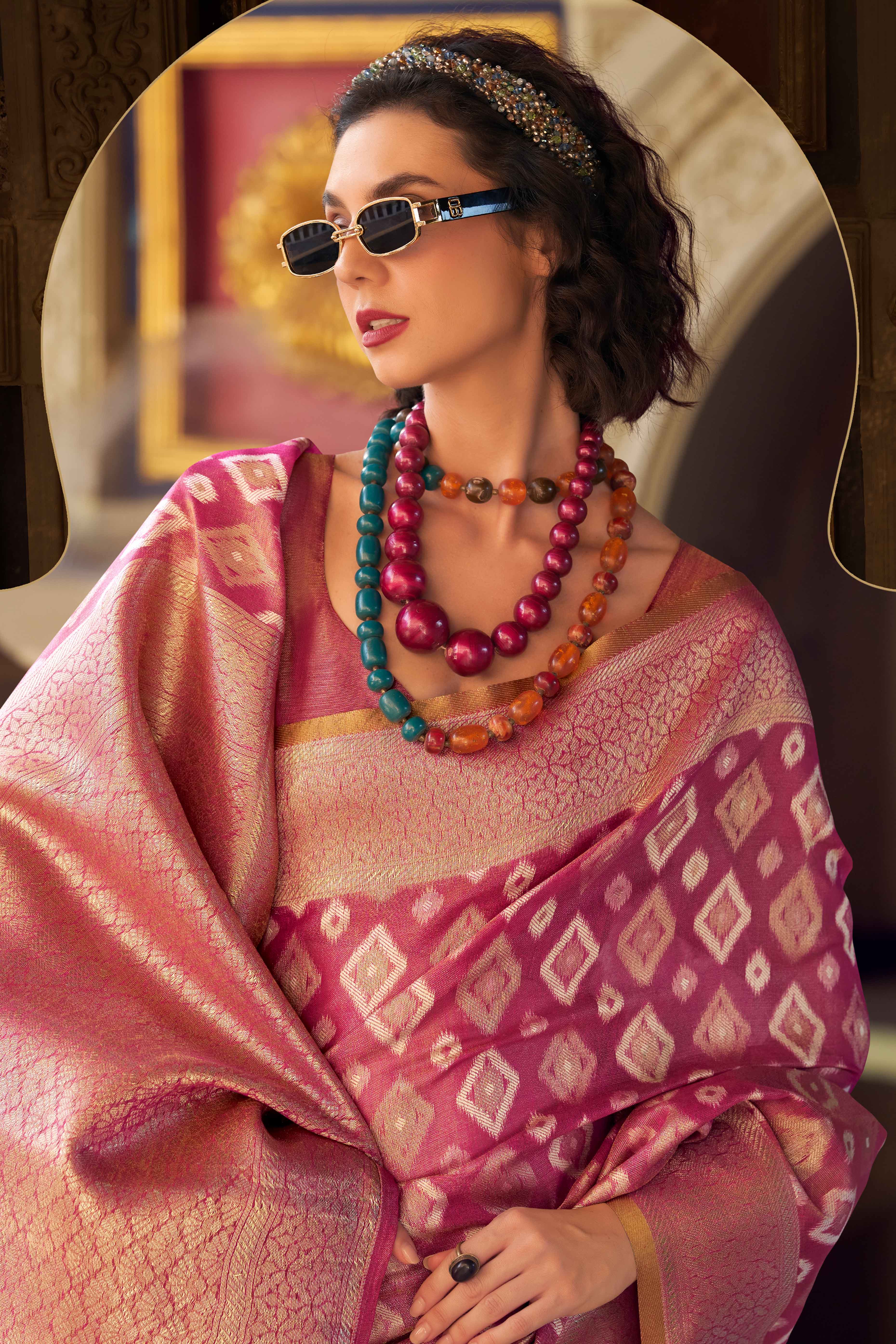 Magenta Geometric Pattern Woven Tissue Silk Saree