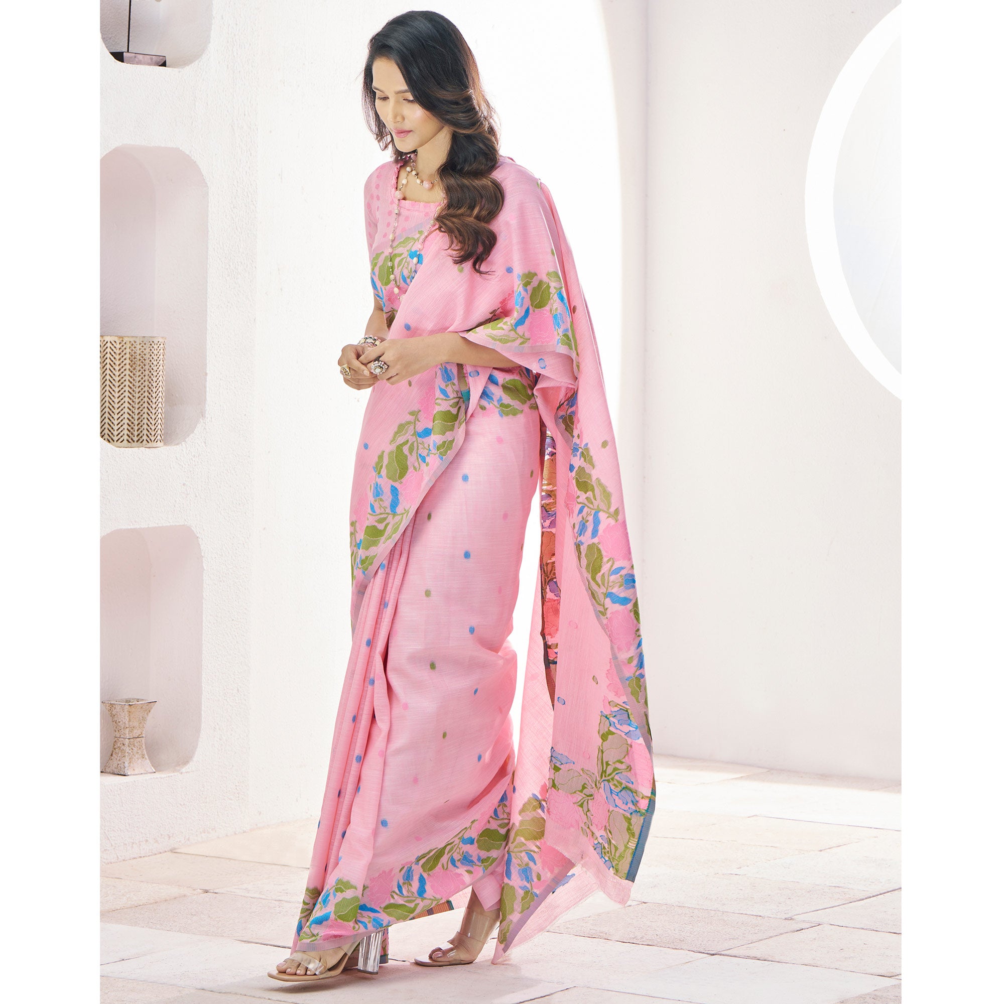 Pink Floral Woven Cotton Silk Saree