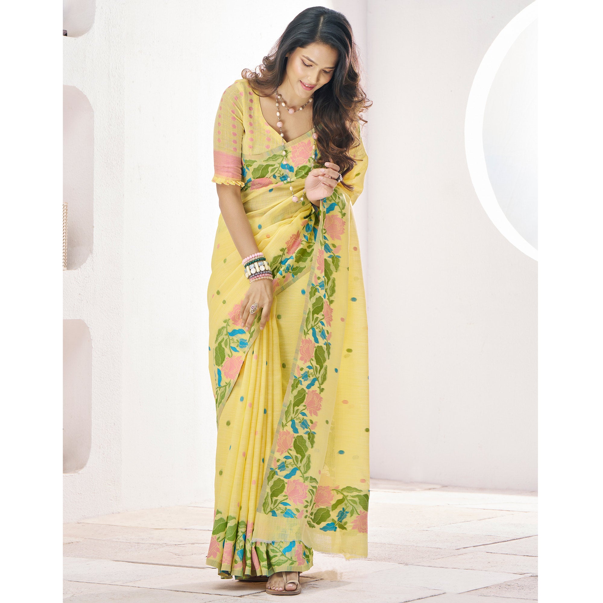 Yellow Floral Woven Cotton Silk Saree