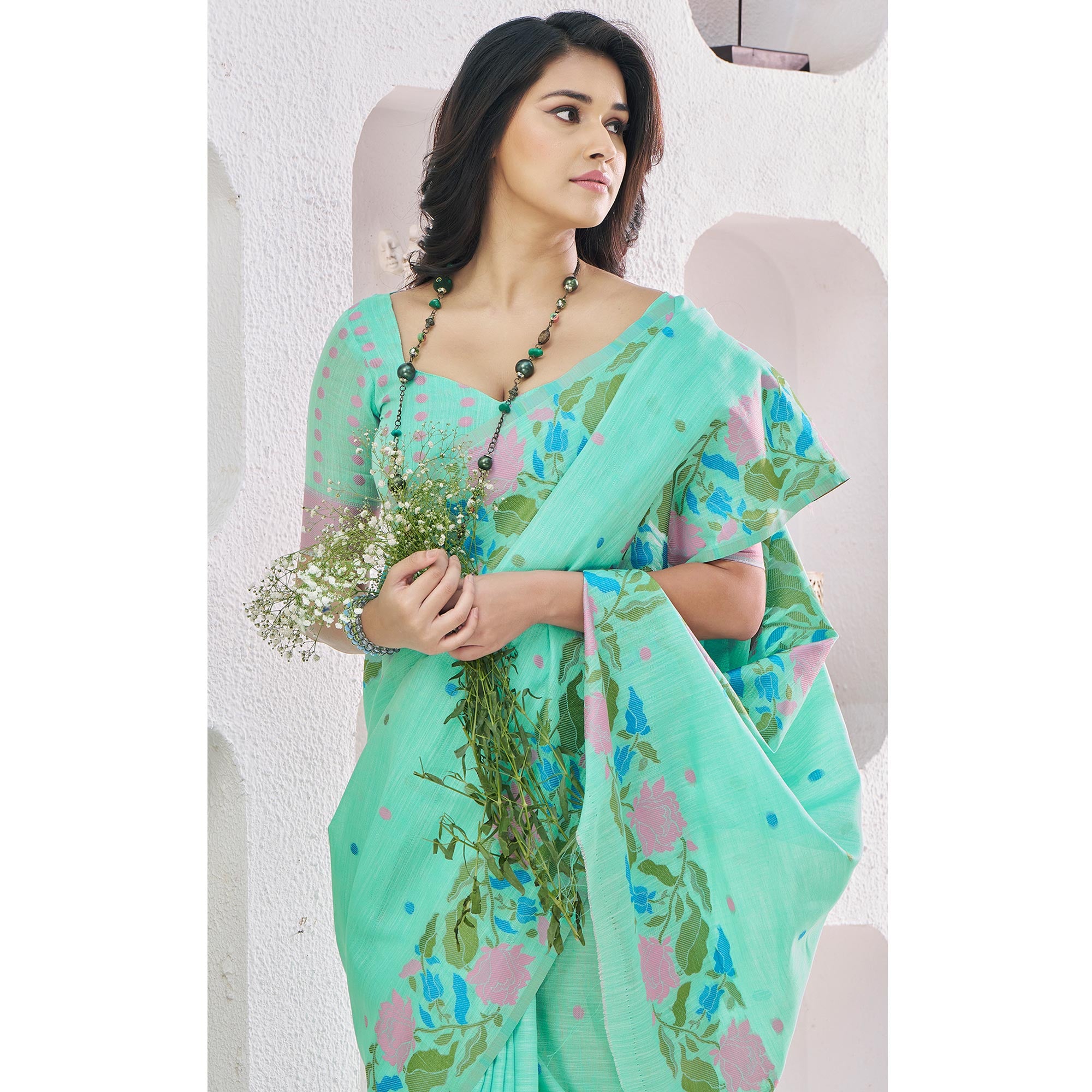 Green Floral Woven Cotton Silk Saree