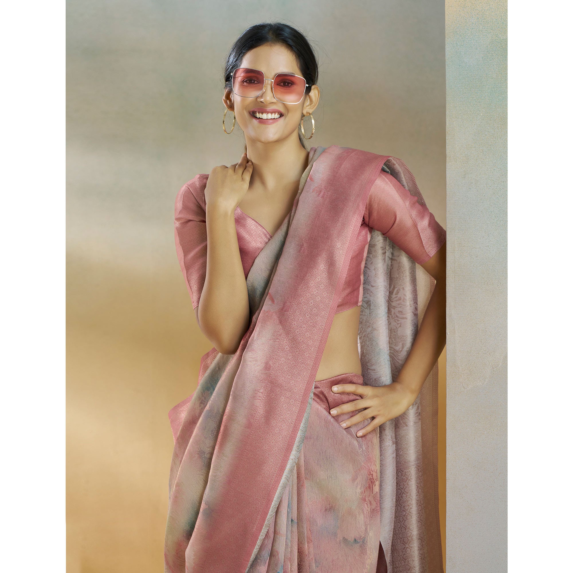 Pink Woven With Digital Printed Linen Saree