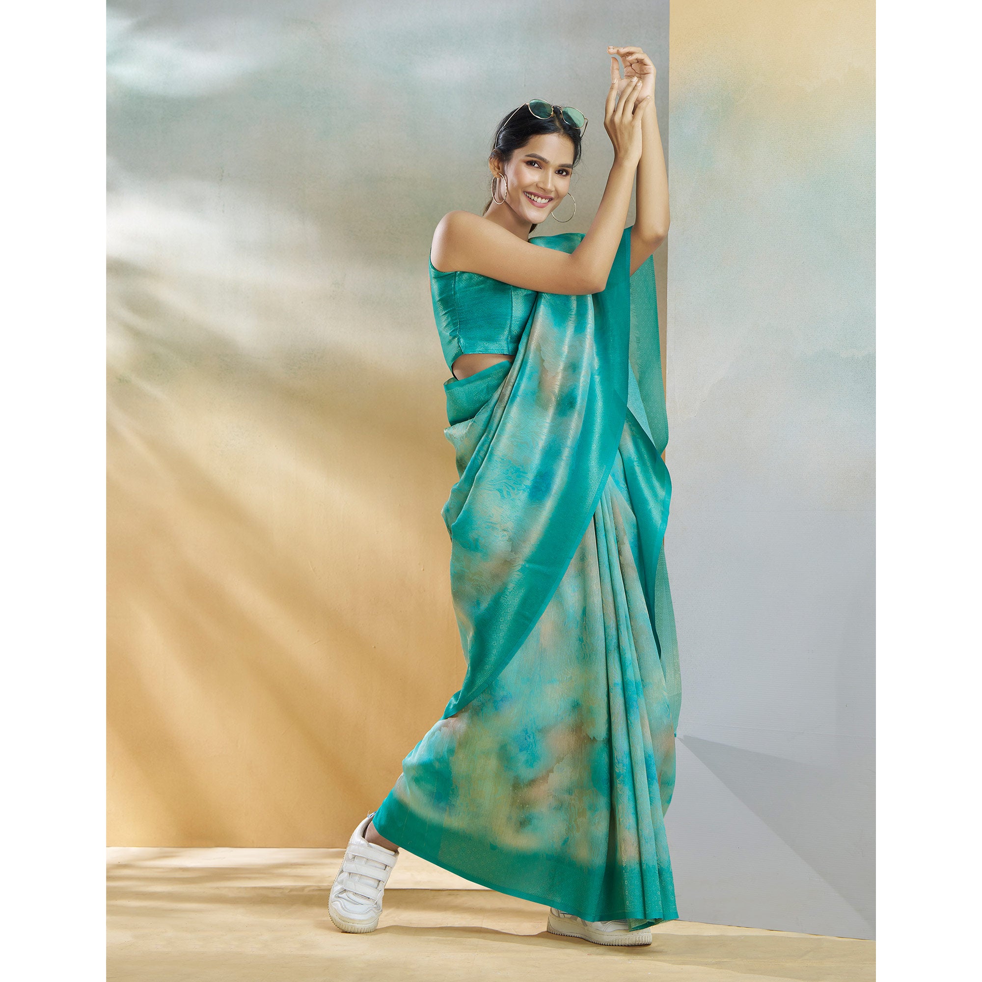Turquoise Woven With Digital Printed Linen Saree