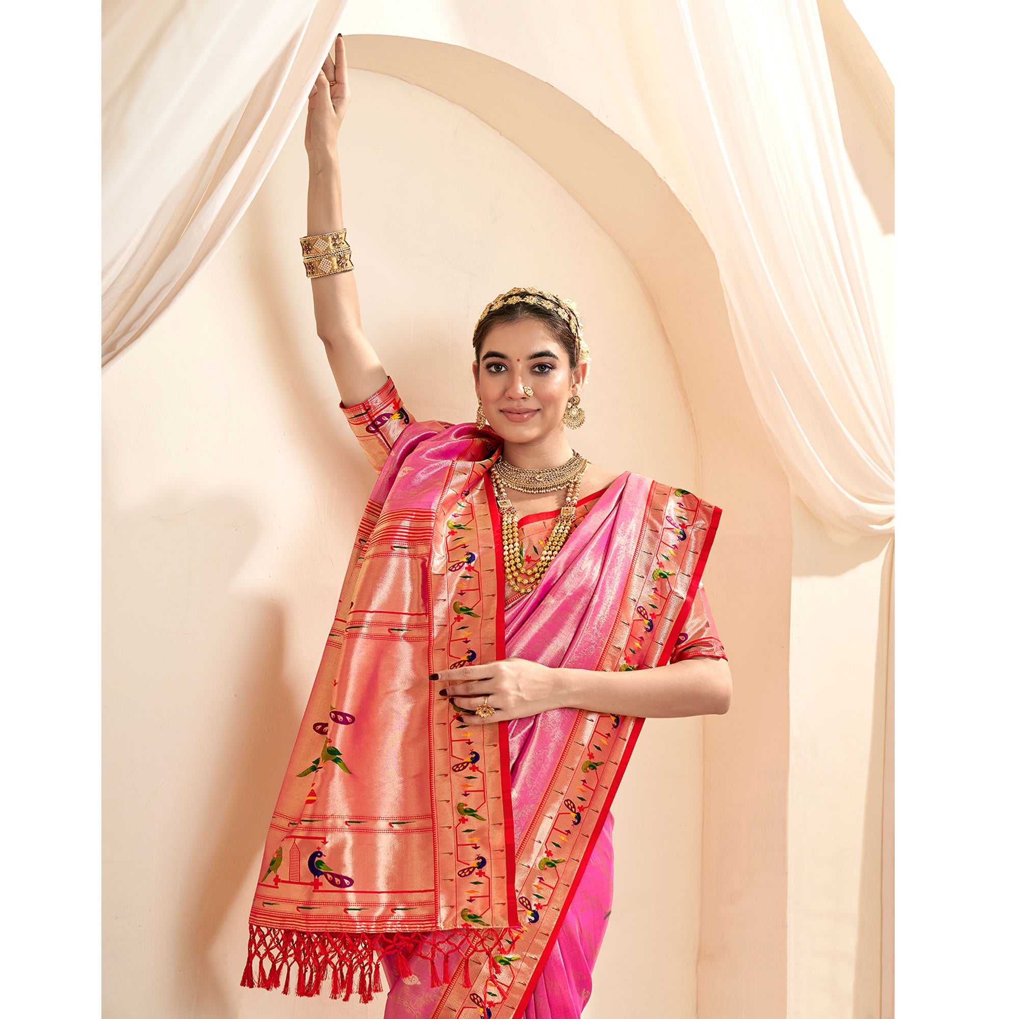 Pink Woven Tissue Paithani Saree With Tassels