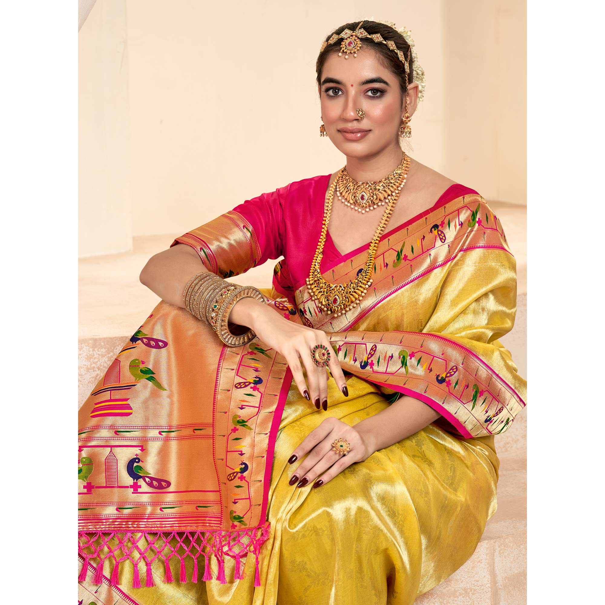Yellow Woven Tissue Paithani Saree With Tassels