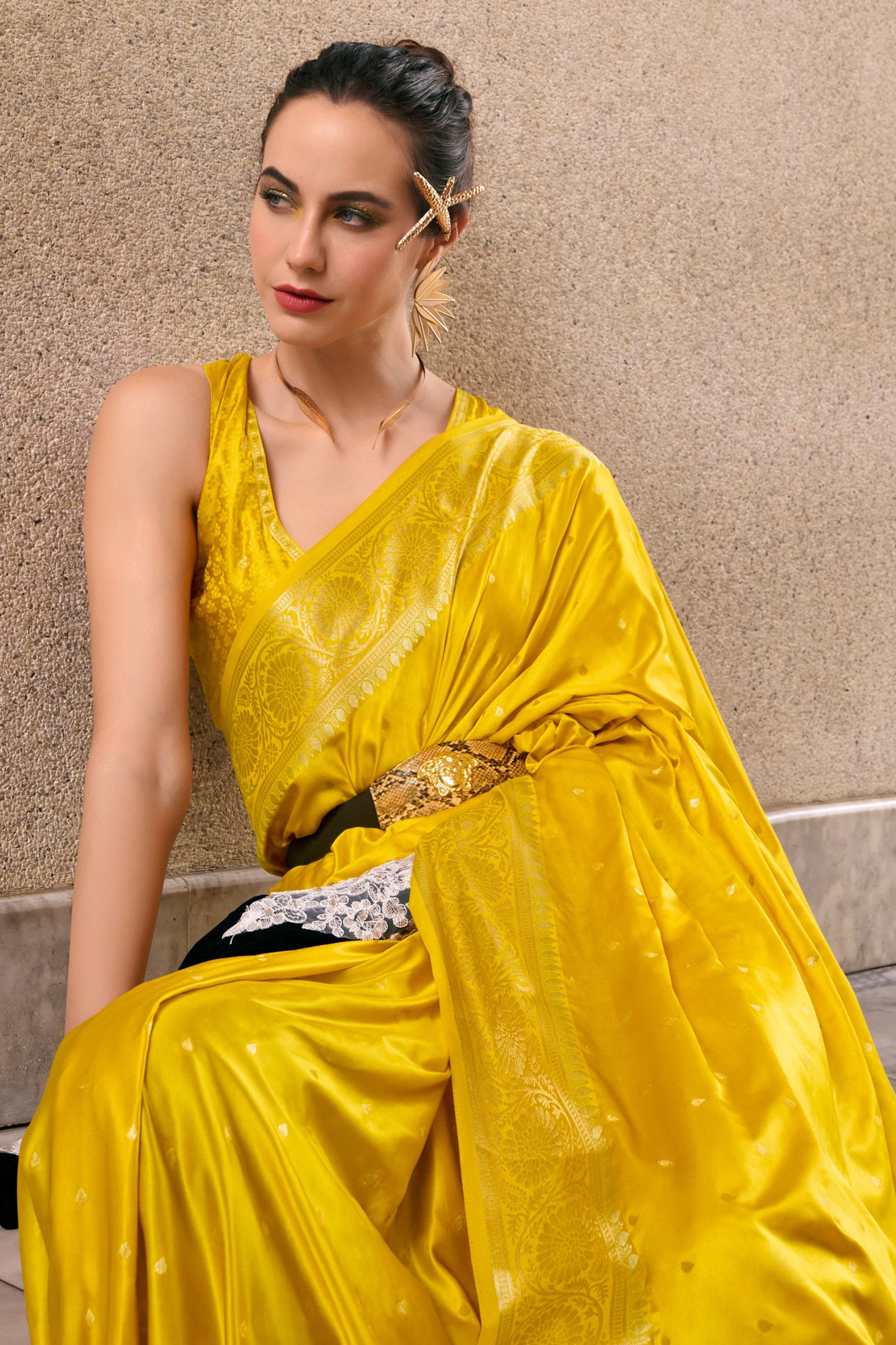 18Yellow Satin Saree with Floral Zari Weaving